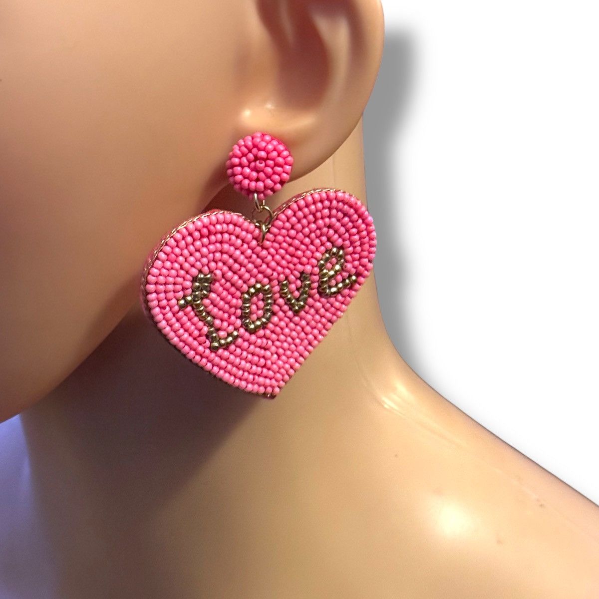 Other Large pink beaded heart shaped Love earrings Size ONE SIZE - 2 Thumbnail