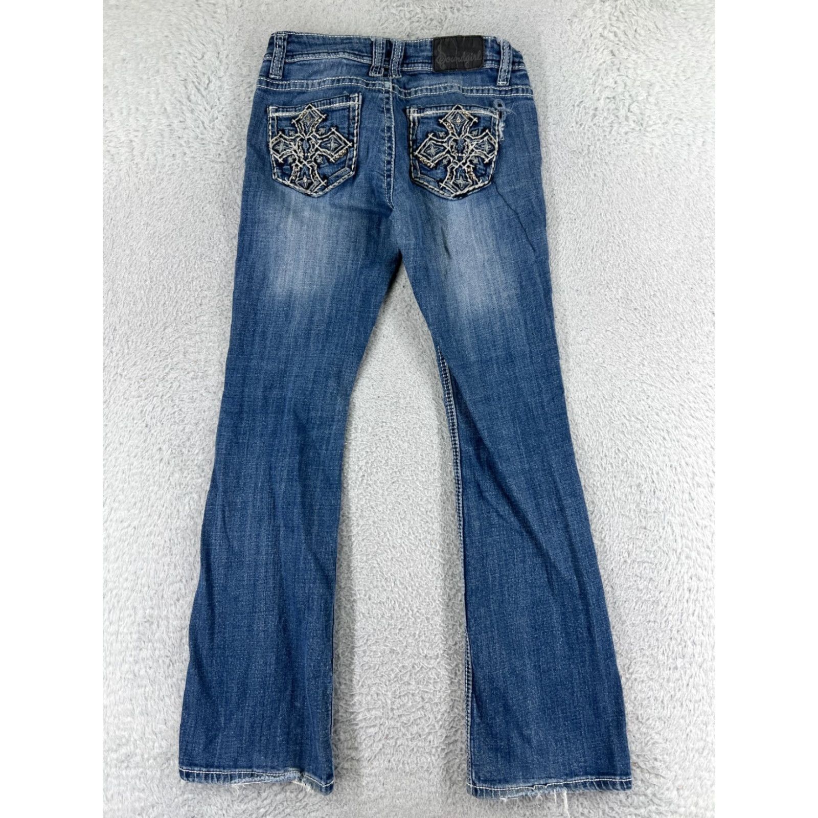 Denime Soundgirl Jeans Womens 5 Blue Denim Flared Distressed Embroidered Rhinestone Cotton Size 27" / US 4 / IT 40 - 2 Thumbnail