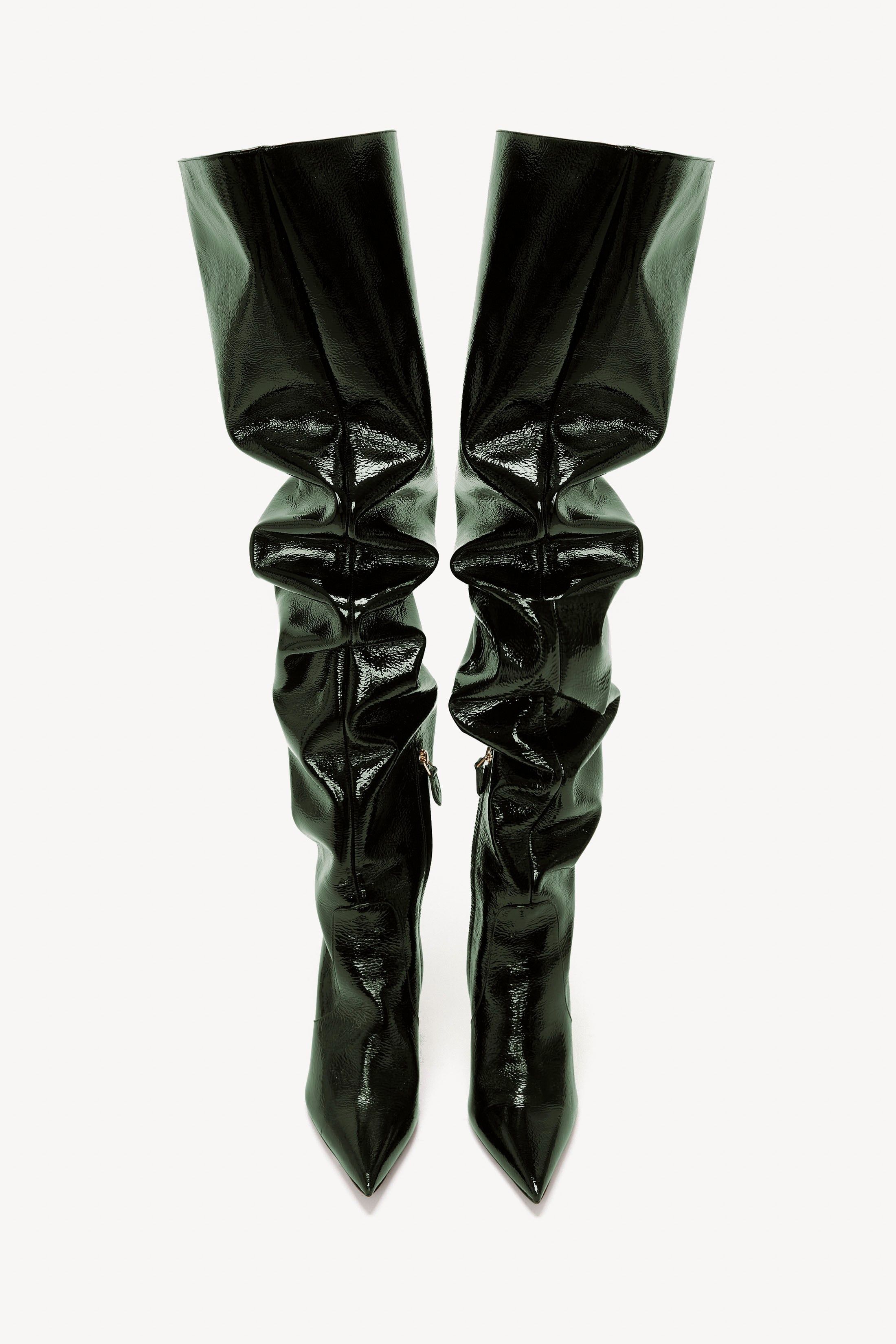 Victoria Beckham o1mle0525 Thigh High Pointy Boots Dark Green Grained Patent Size US 7 / IT 37 - 4 Thumbnail