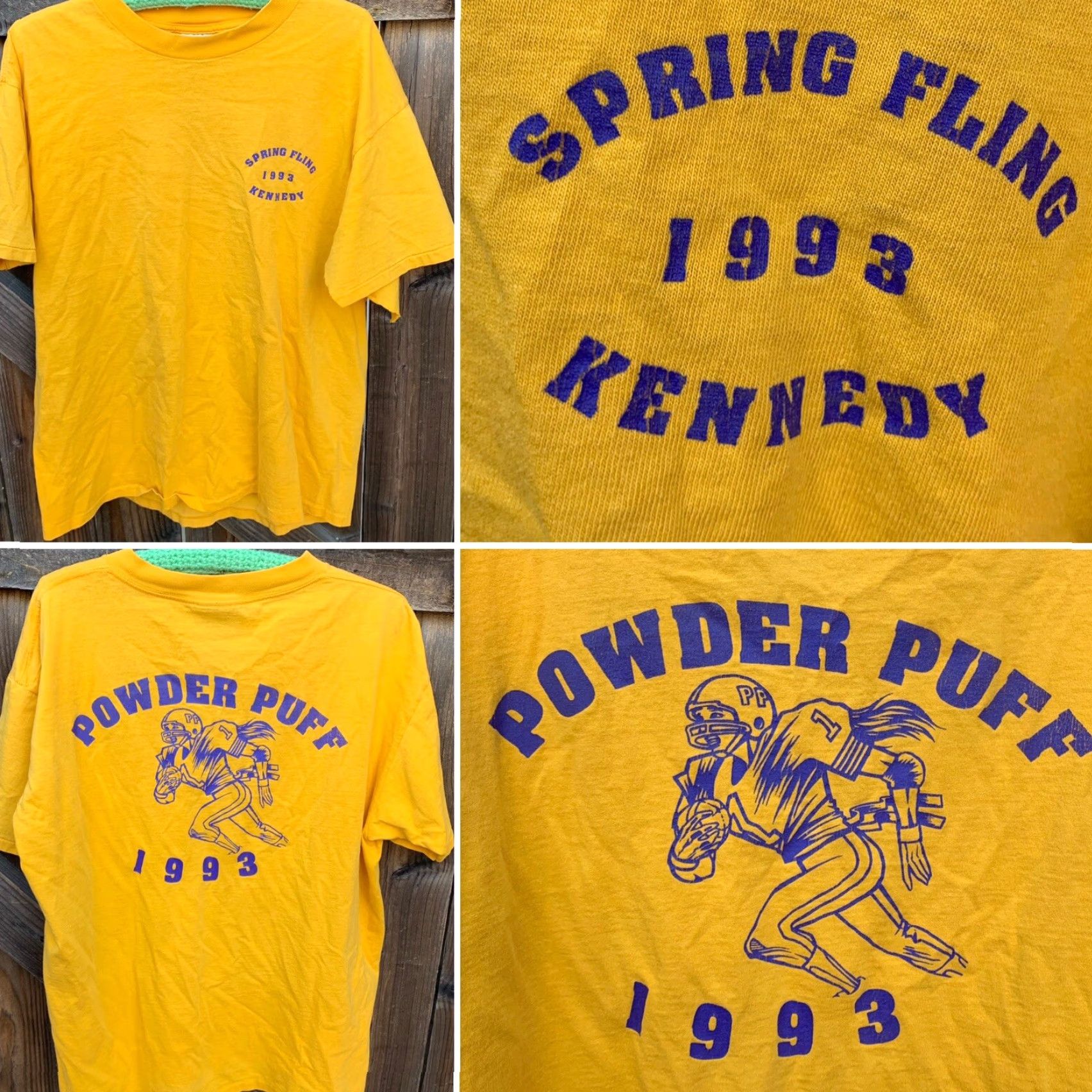 Vintage VINTAGE Powderpuff 1993 Spring Fling Kennedy t-shirt single stitch XL Men T-Shirt 90s Yellow Gold Graphic Print 1993 POWDER PUFF Fashion Size US XL / EU 56 / 4 - 2 Thumbnail