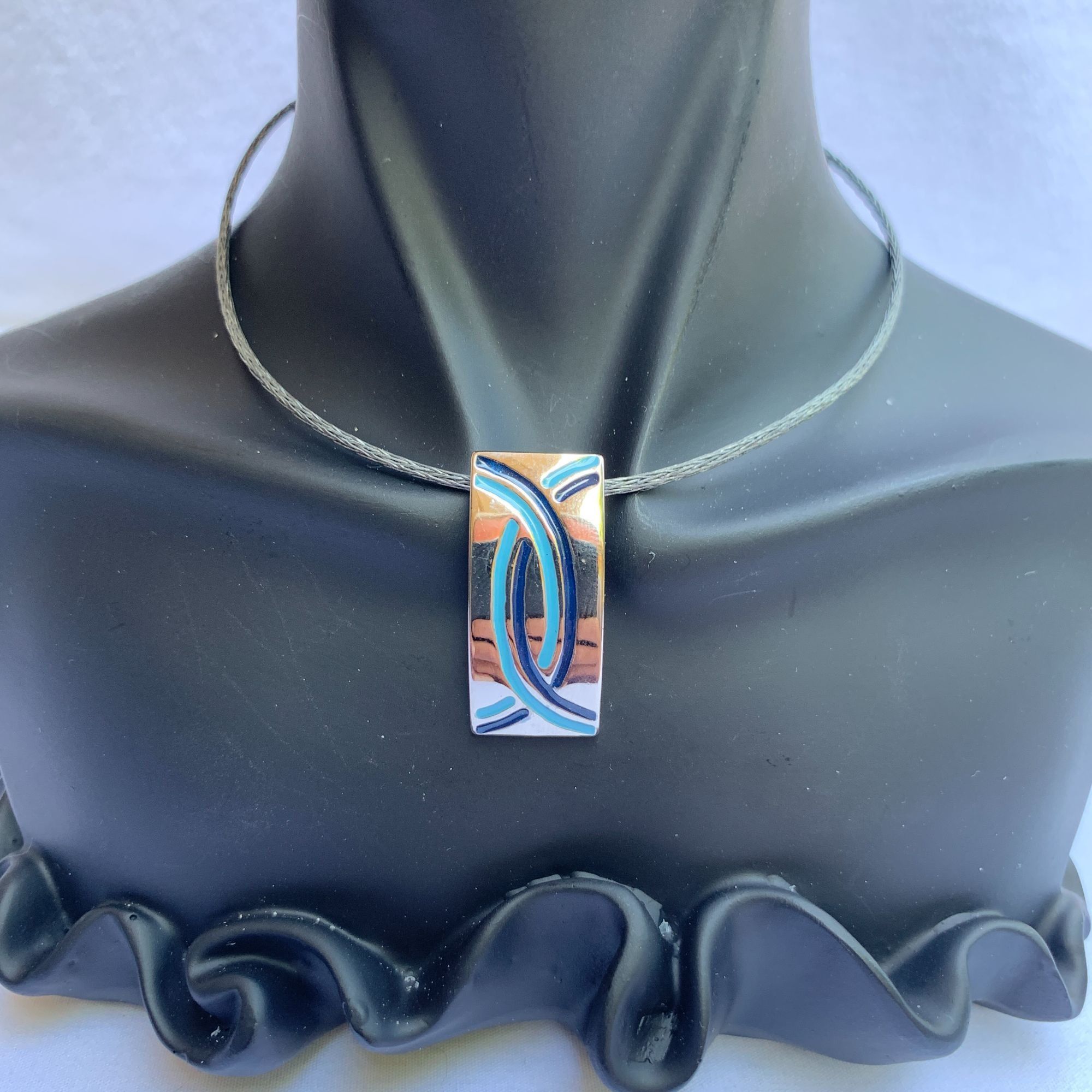 Designer Silver-Tone Abstract Pendant With Blue Enamel Design Size ONE SIZE - 3 Thumbnail