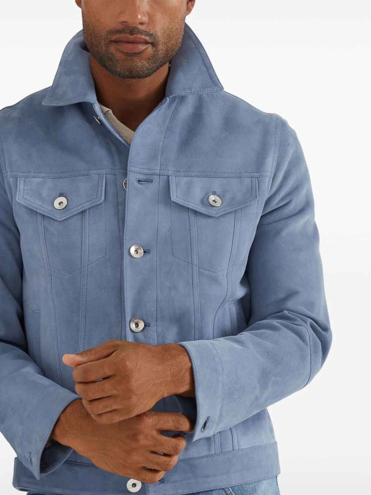 Brunello Cucinelli Leather Jacket in Light Blue Size US XL / EU 56 / 4 - 4 Thumbnail