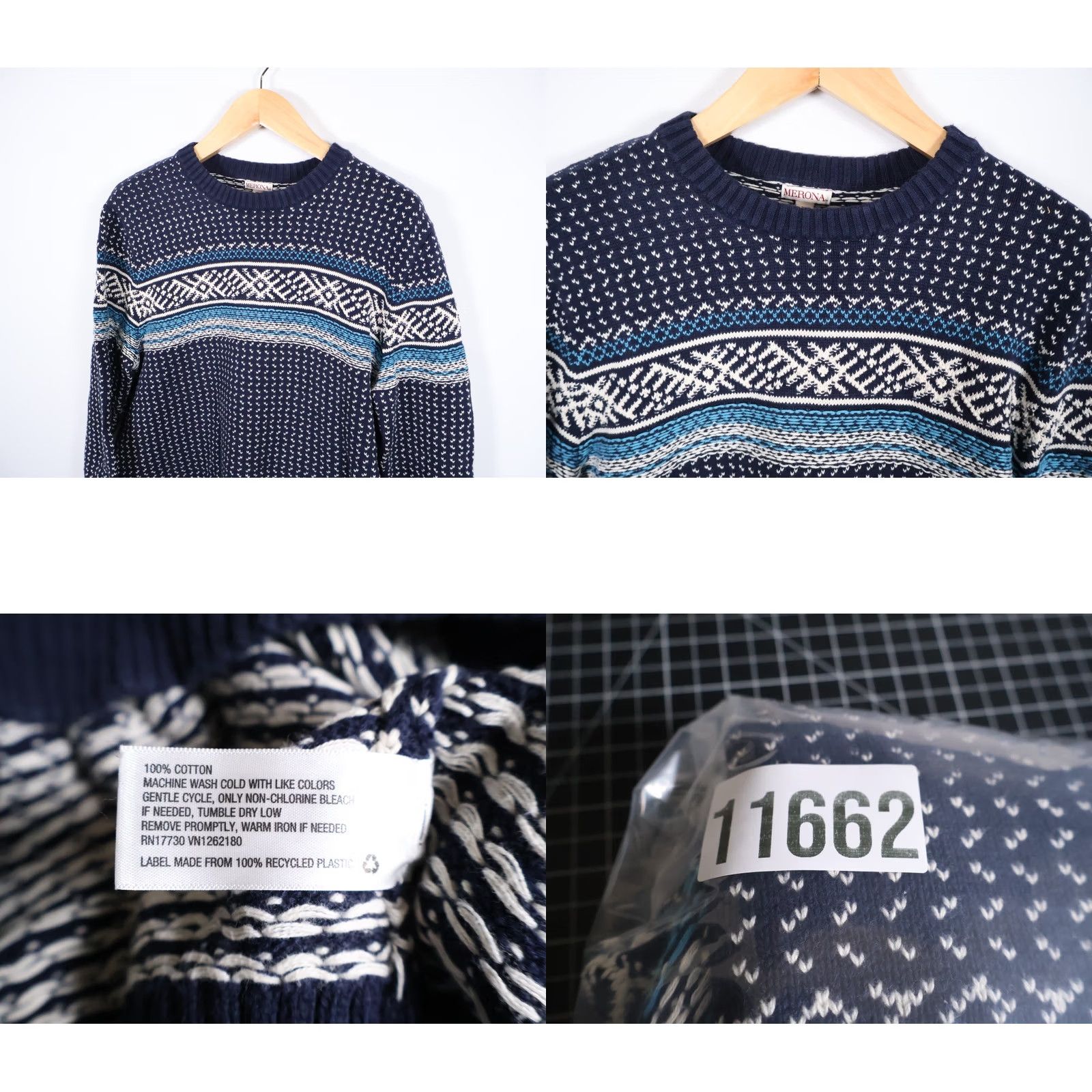 Merona Merona Birdseye Pattern Sweater Men's XL Dark Blue Crewneck Knit Geometric Preppy Retro Ski Casual Pullover Knit Heavyweight Regular Cardigan? Size US XL / EU 56 / 4 - 8 Thumbnail