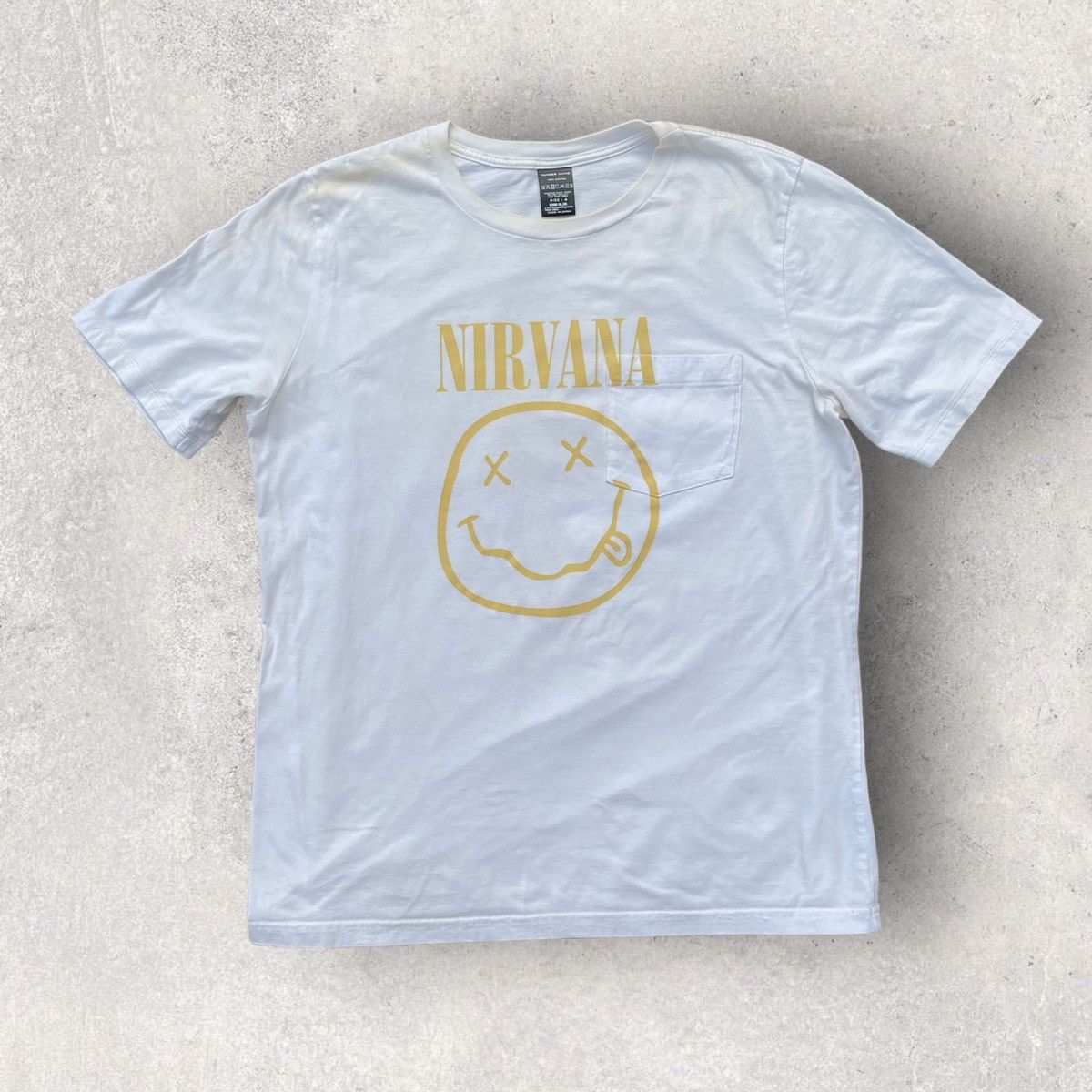 image of Number (N)Ine X Nirvana Smiley Pocket T Shirt in White, Men's (Size Large)