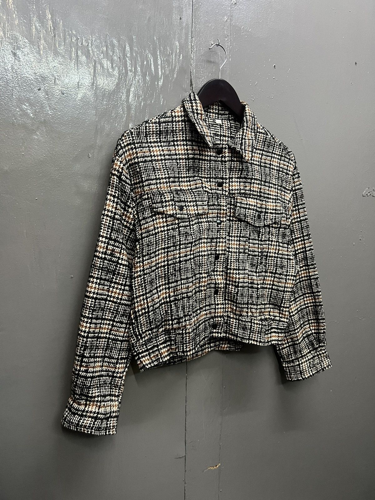 Japanese Brand Wool Plaid Crop Snap On Button Jacket Size M / US 6-8 / IT 42-44 - 3 Thumbnail