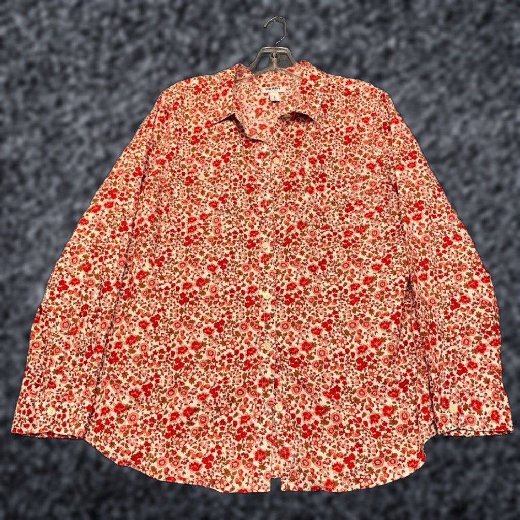 Old Navy Old Navy Shirt Womens Large Beige Red Floral Cotton Streetwear Travel Button Up Size L / US 10 / IT 46 - 1 Thumbnail
