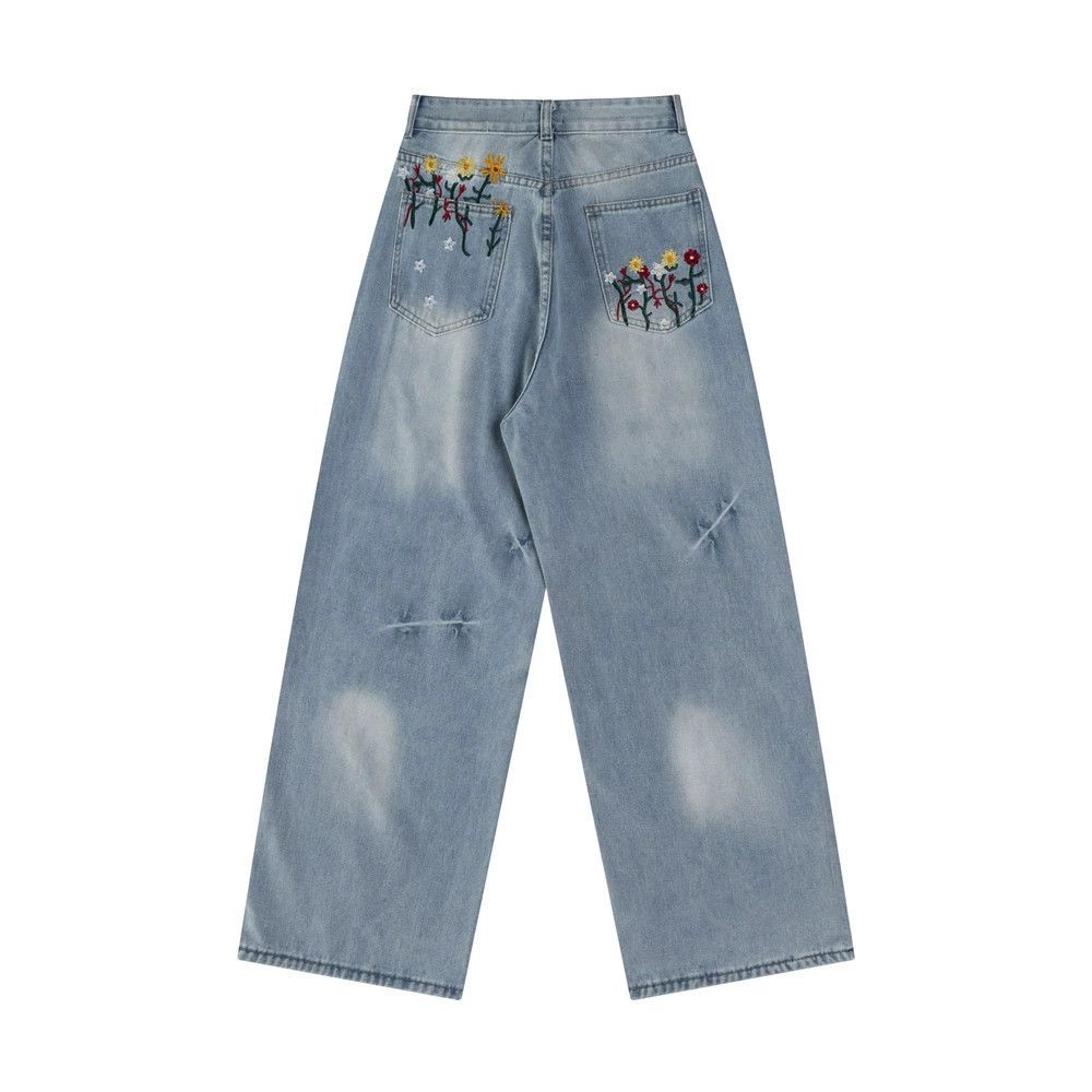 Jean Men's distressed punk floral embroidered washed jeans Size US 34 / EU 50 - 2 Thumbnail