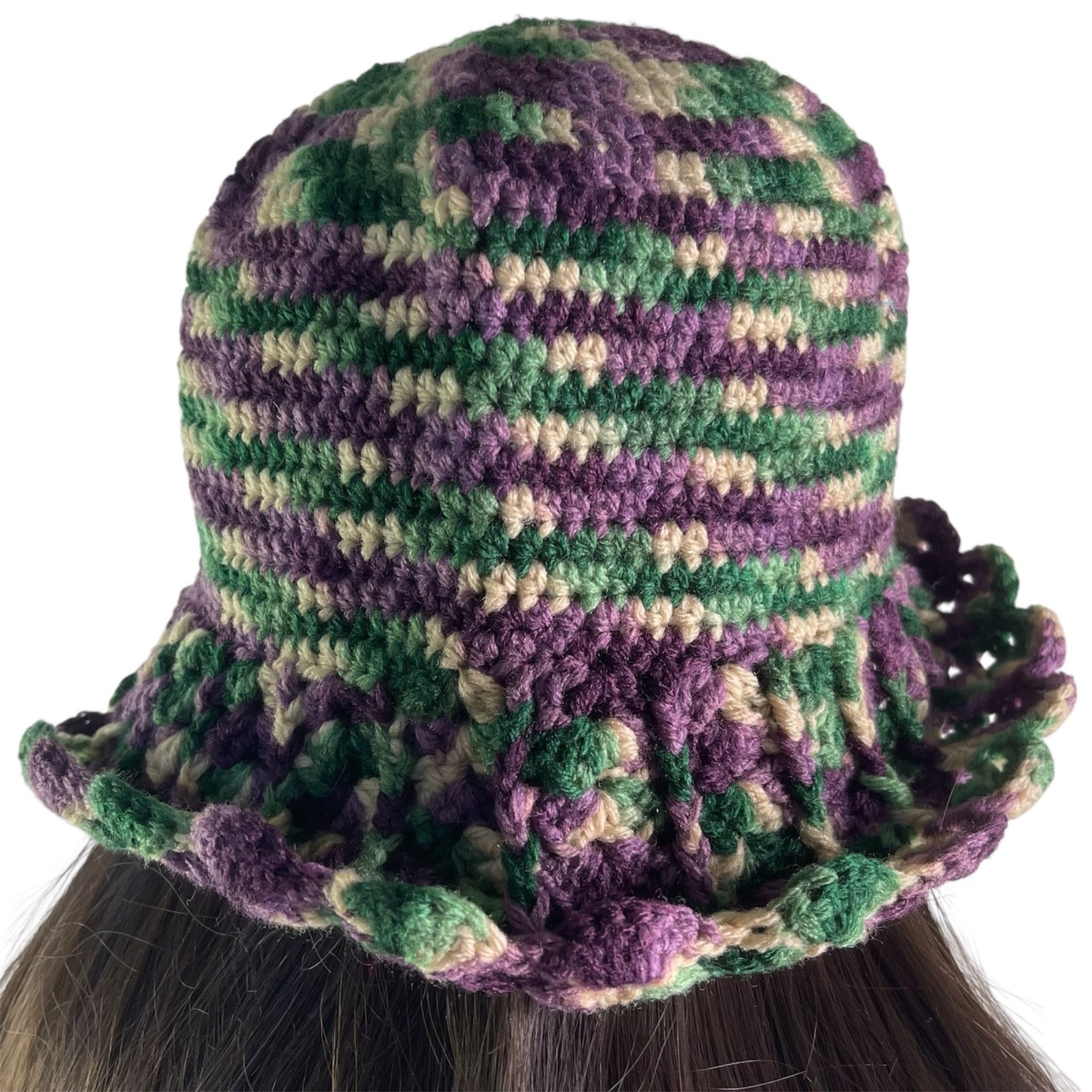Handmade Crochet Bucket Hat Retro Cloche Style Purple Green Beige Han Size ONE SIZE - 6 Thumbnail