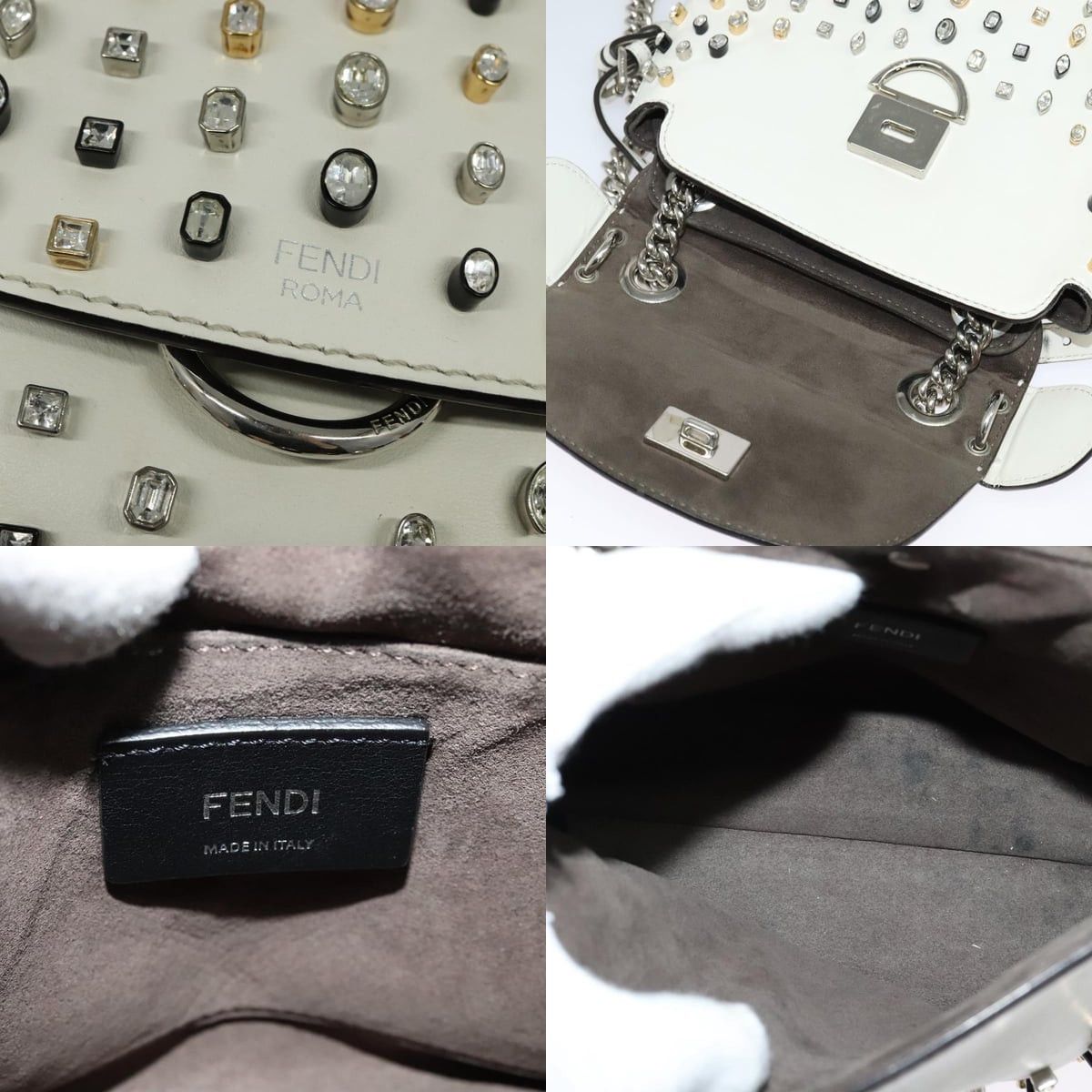 FENDI Chain Shoulder Bag Leather White Silver
