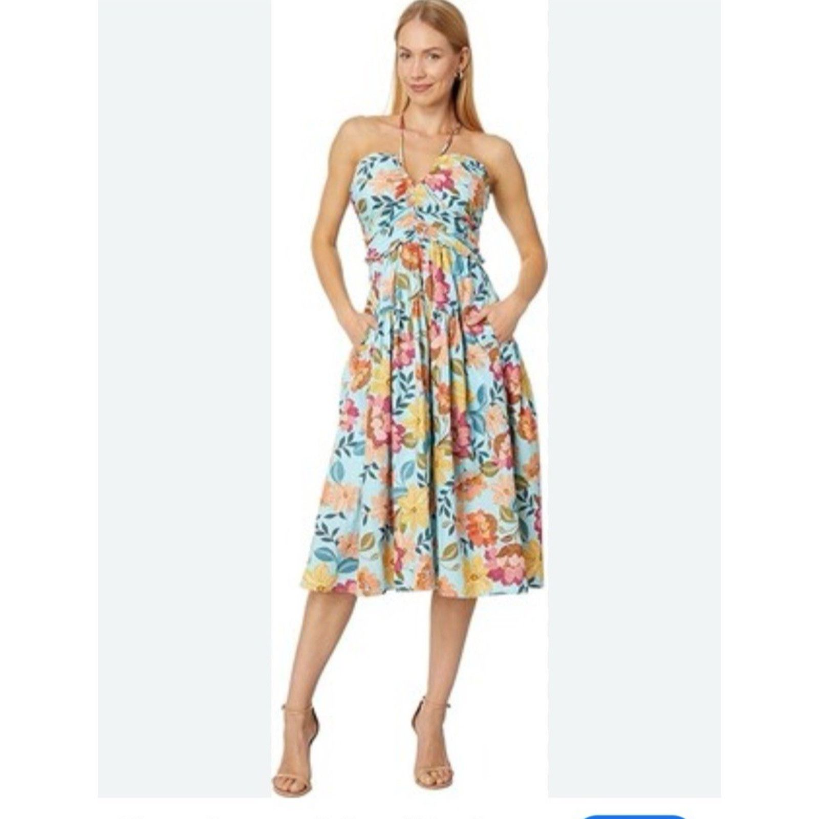 Vince Camuto Vince Camuto Dress 12 Blue Floral Halter Fit Flare Lined Size XL / US 12-14 / IT 48-50 - 3 Thumbnail
