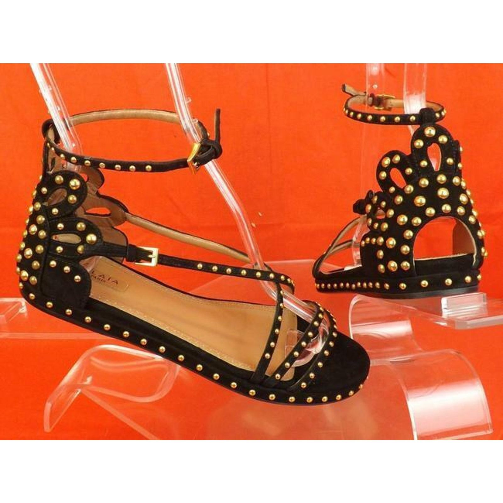 Alaia NEW ALAIA BLACK SUEDE CRISSCROSS GOLD STUDS SANDALS 36.5 Size US 6.5 / IT 36.5 - 3 Thumbnail