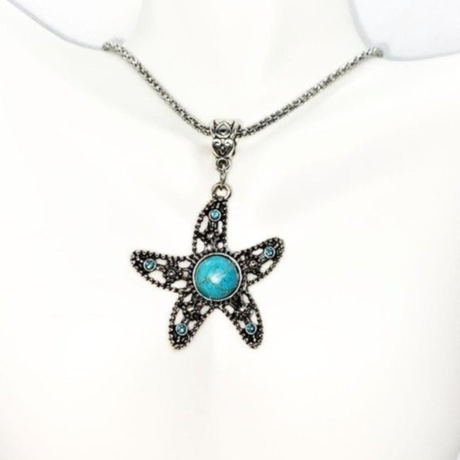 Handmade Silver-Tone Turquoise Starfish Necklace Size ONE SIZE - 1 Thumbnail