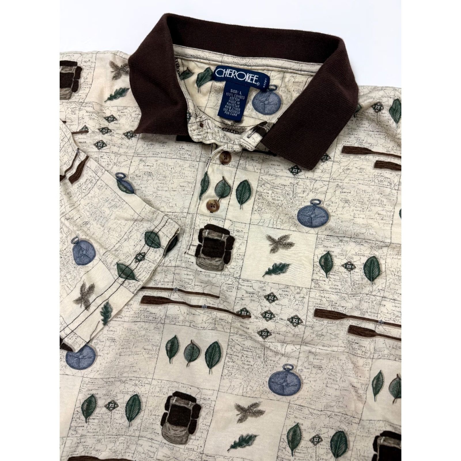 Cherokee VINTAGE Cherokee Polo Shirt Men L Beige Cotton 90s Nature Outdoor Hiking Map Graphic Print Polo Shirt Womens? Size US L / EU 52-54 / 3 - 2 Thumbnail