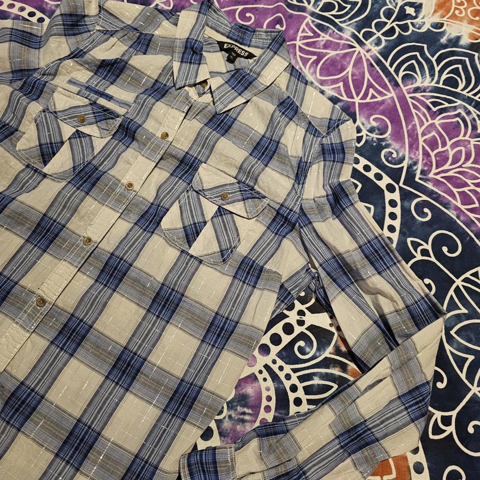 Express Express Women's White and Blue Plaid Shirt Size L / US 10 / IT 46 - 5 Thumbnail