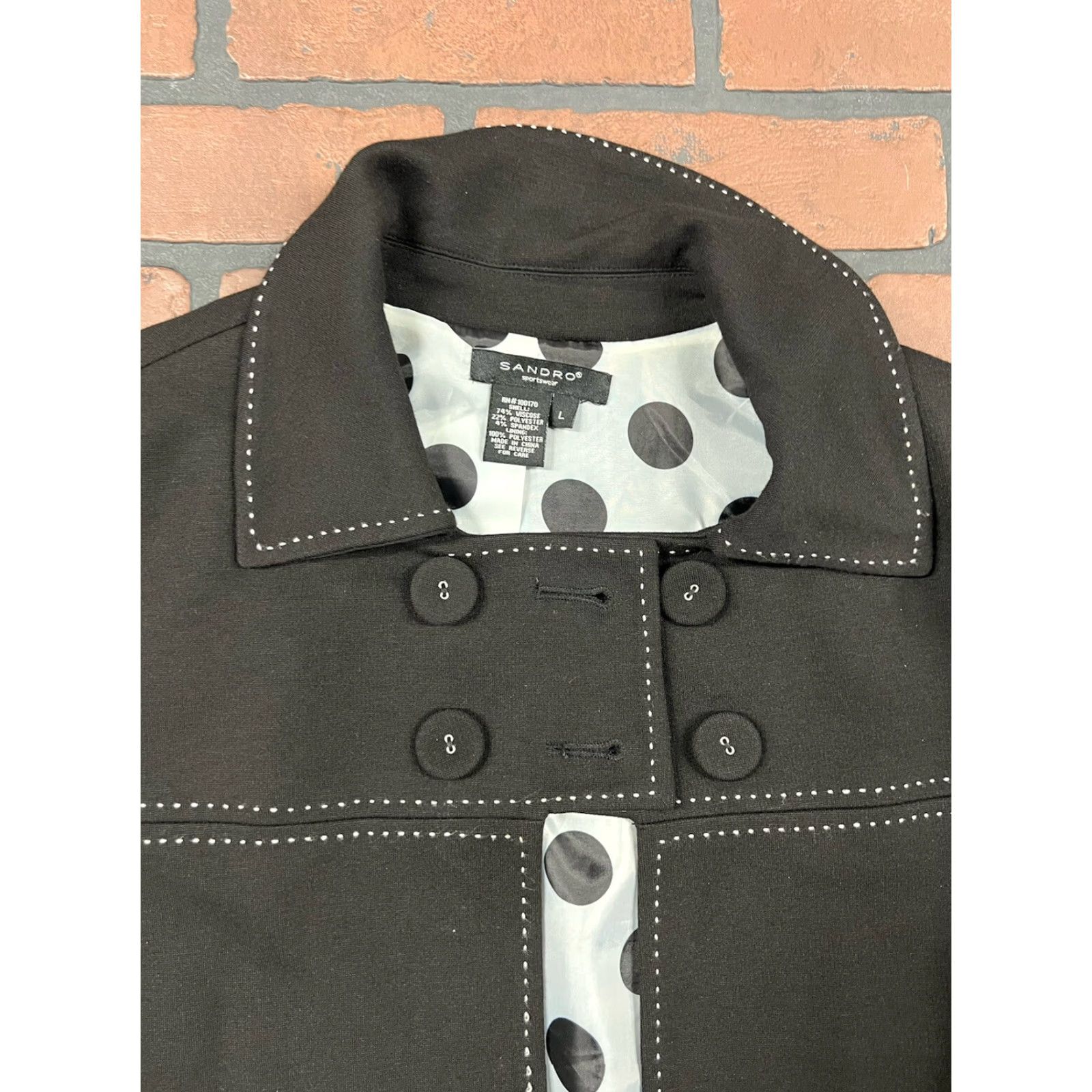 Sandro Sandro Blazer Women L Black / Polka Dot Button Collared 4-Button Solid Jacket Dressy Casual Workwear Designer Mens? Size L / US 10 / IT 46 - 3 Thumbnail