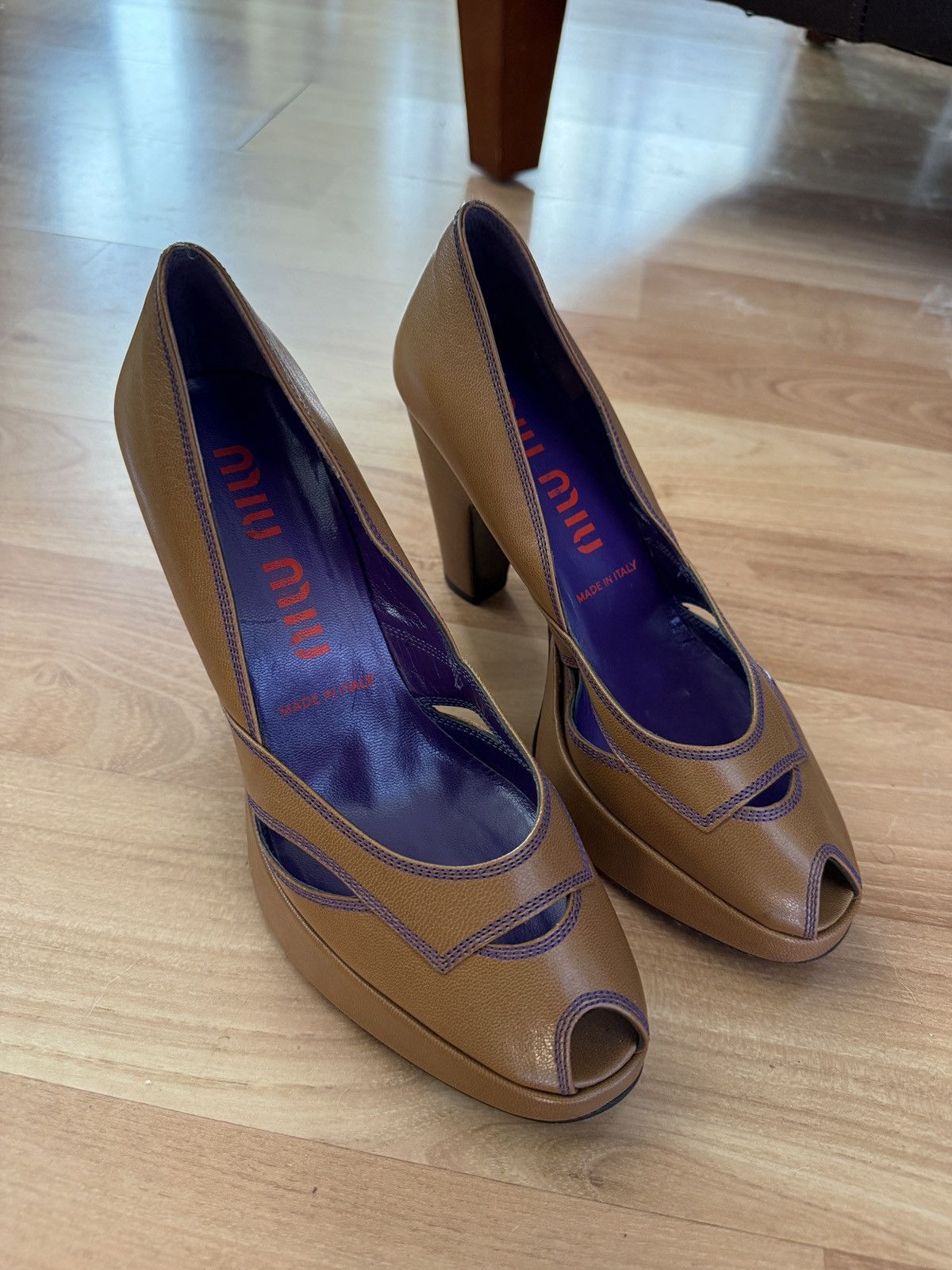 Miu Miu Vintage Miu Miu rare brown leather peep toe pumps 3.5” heel Size US 5 / IT 35 - 1 Thumbnail