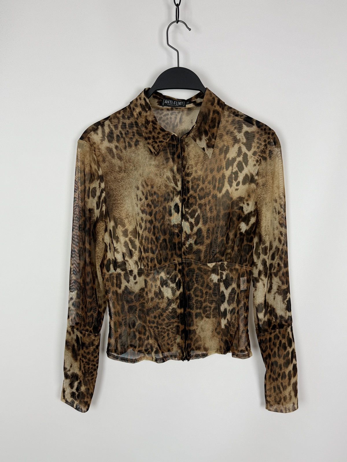 Y2K Vintage Anti-Flirt Cheetah Printed Sheer Mesh Blouse
