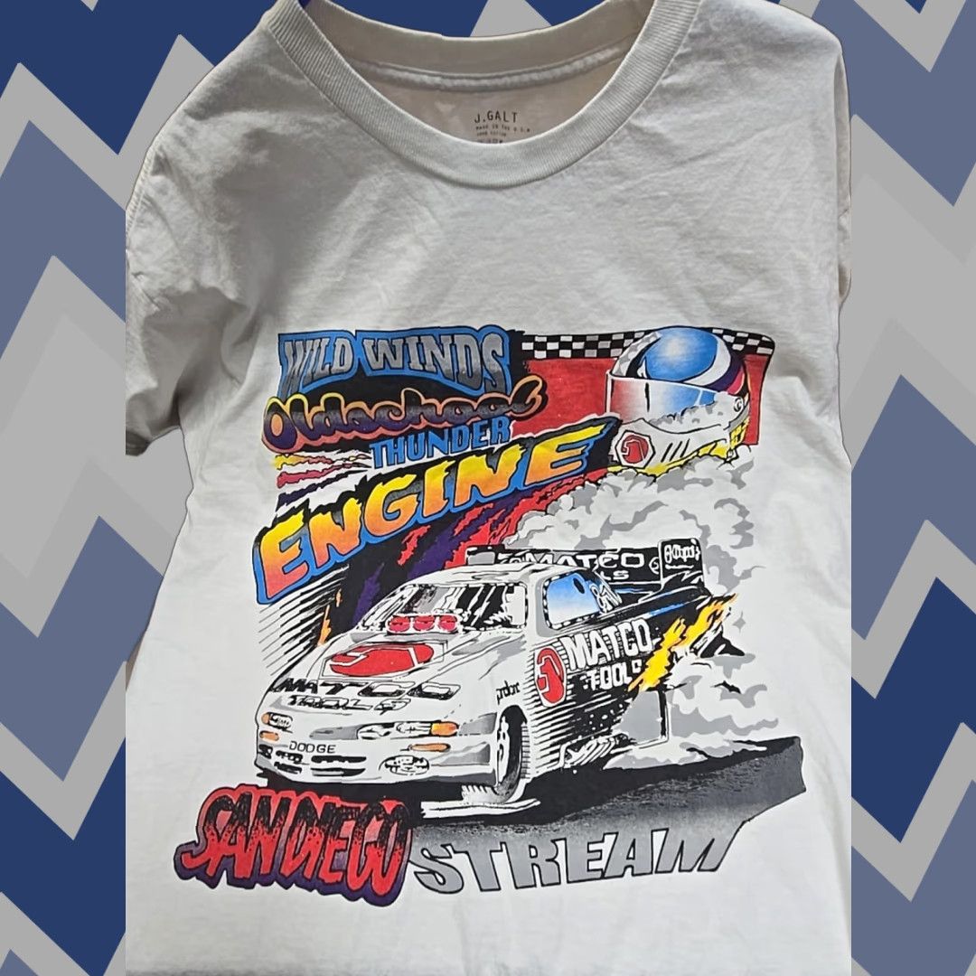Vintage J Galt San Diego Wild Winds Oldschool Thunder Engine Car Racing T-Shirt One Size White Cotton Unisex Adults Short Sleeve Crew Neck Regular Fit Size US M / EU 48-50 / 2 - 1 Thumbnail