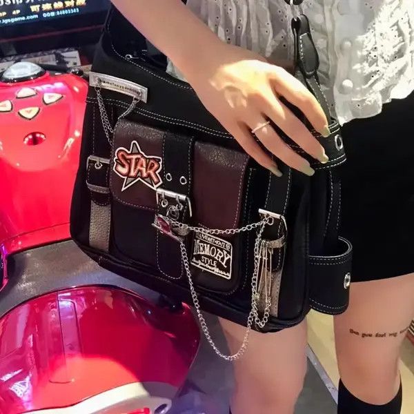 Japanese Brand Y2K PU Leather Shoulder Bag with Chain Size ONE SIZE - 2 Thumbnail