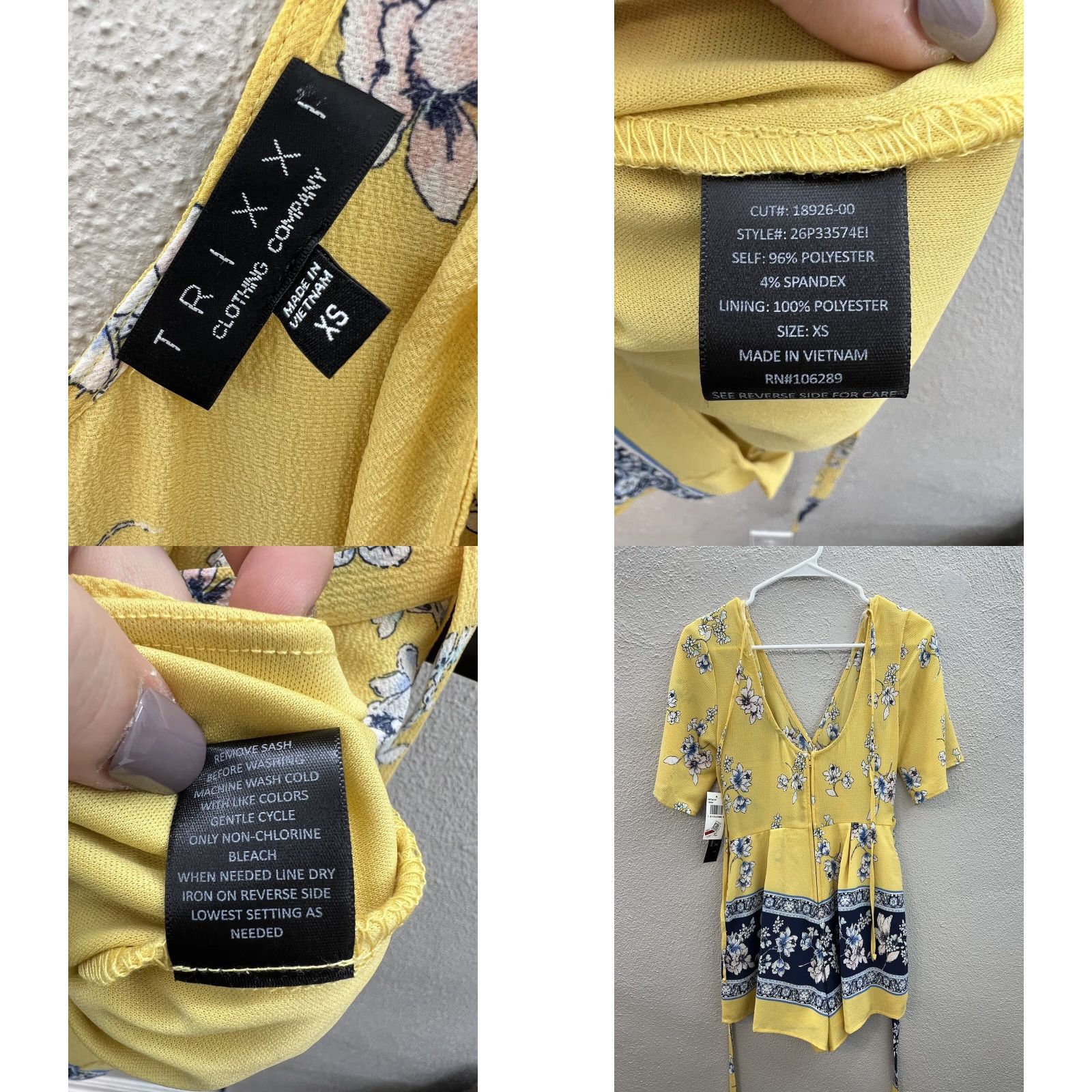 Vintage Trixxi Romper Short Sleeve Floral V-Neck Yellow Blue XS Women Size 26" / US 2 / IT 38 - 8 Thumbnail