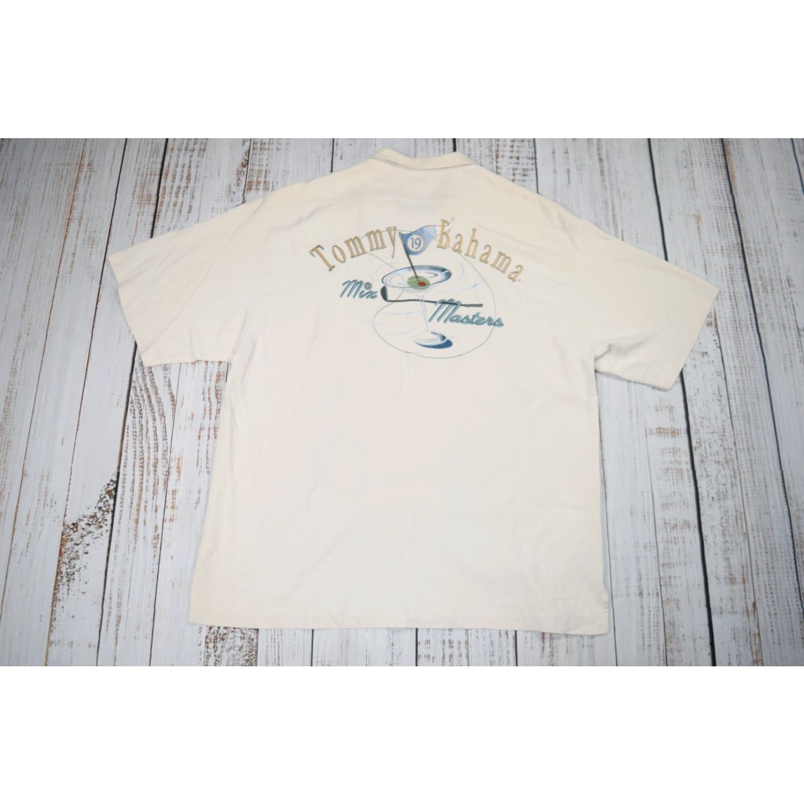 Tommy Bahama VINTAGE Tommy Bahama Mens Golf Camp Shirt 100% Silk Short Sleeve Button-Up Ivory L Embroidered Aloha Size US L / EU 52-54 / 3 - 2 Thumbnail