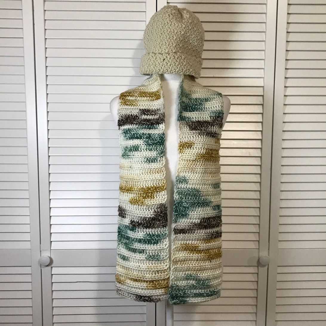 Handmade NWT Handmade Crocheted Beige Textured Beanie & Scarf 57” Size ONE SIZE - 1 Thumbnail