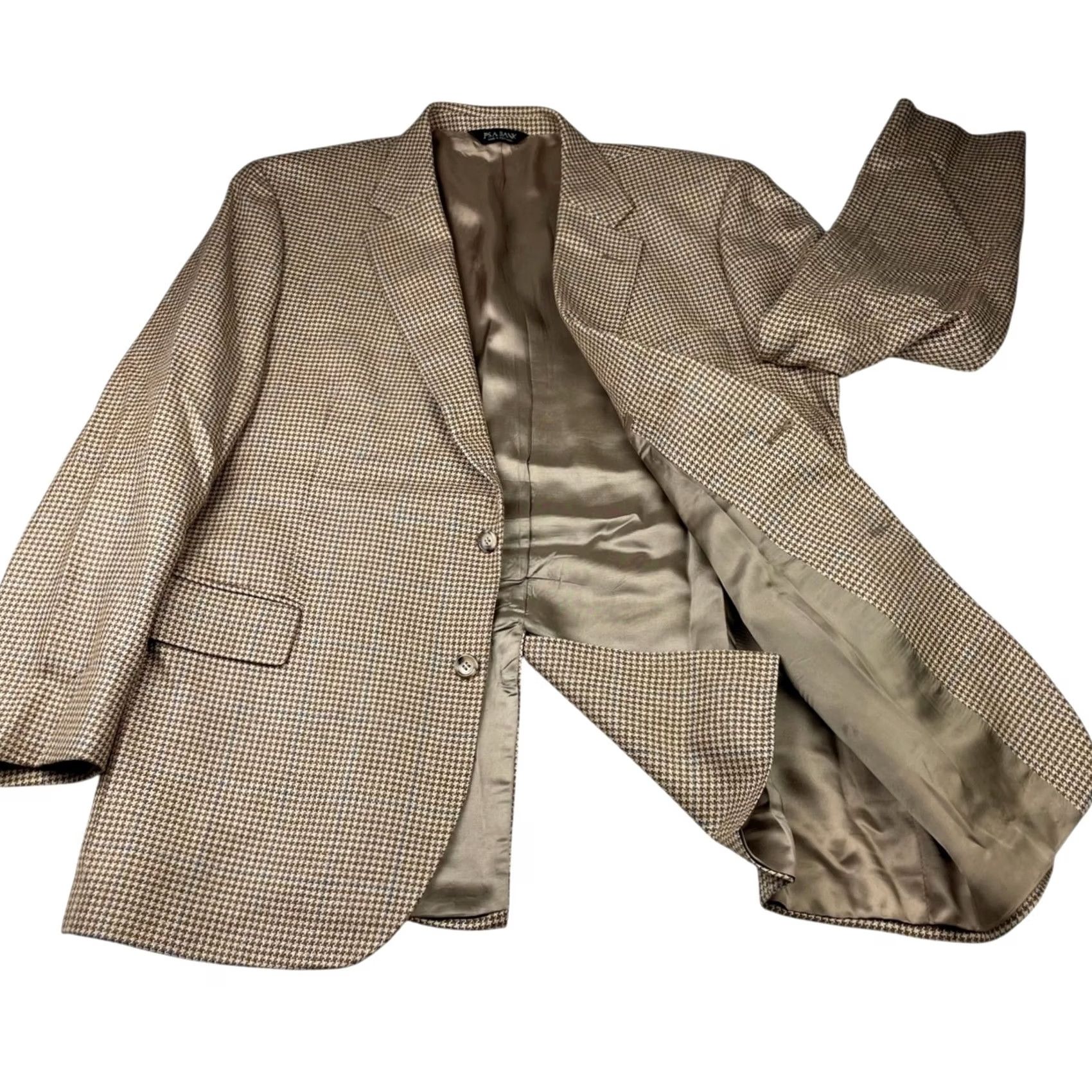Jos. A. Bank Jos A Bank Men’s Blazer 46R Beige Blue Houndstooth Wool Silk Linen 2-Button Size 46R - 3 Thumbnail