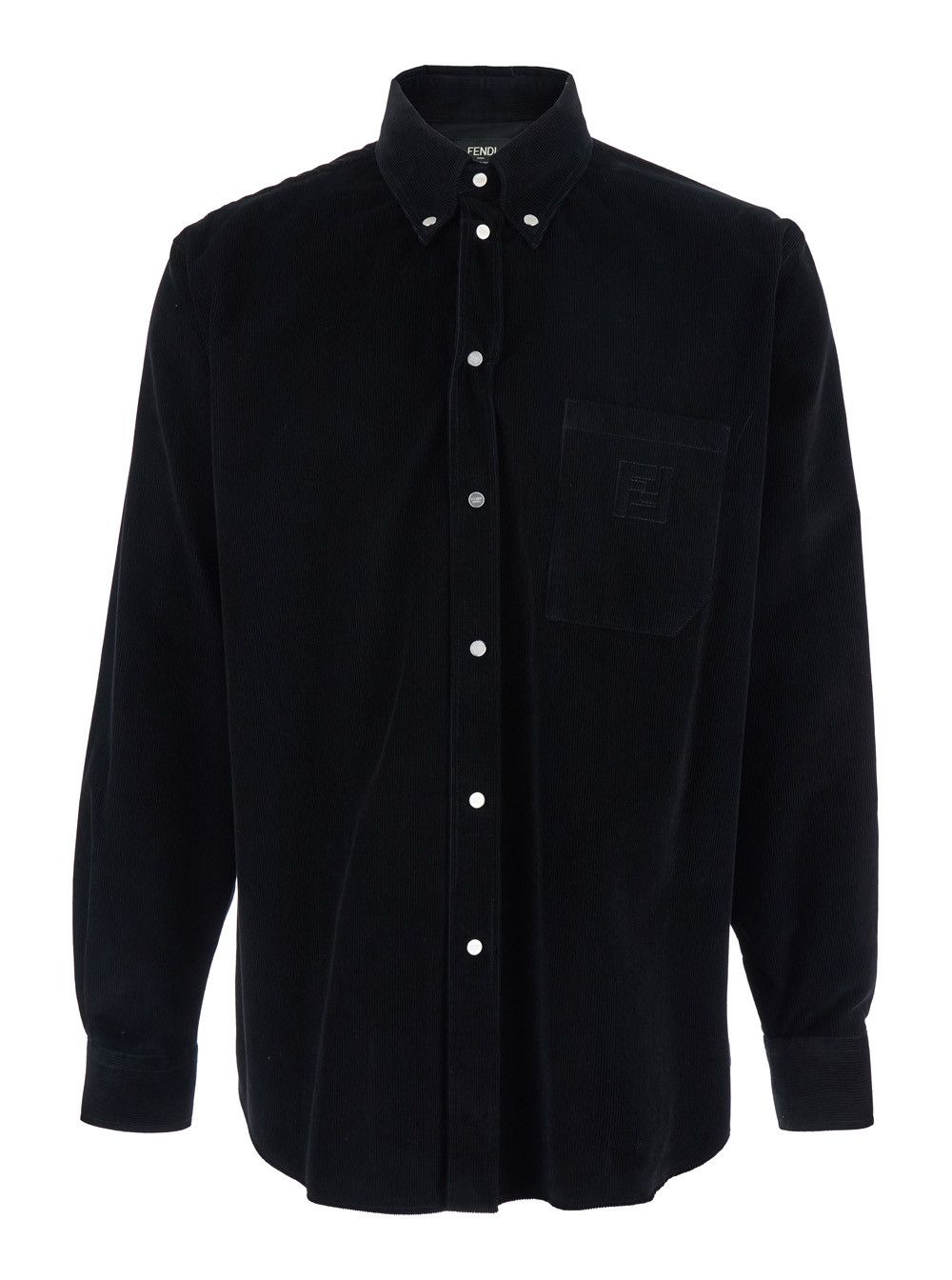 Black Shirt with Button-Down Collar and FF Embroidery on the Front in Corduroy Man