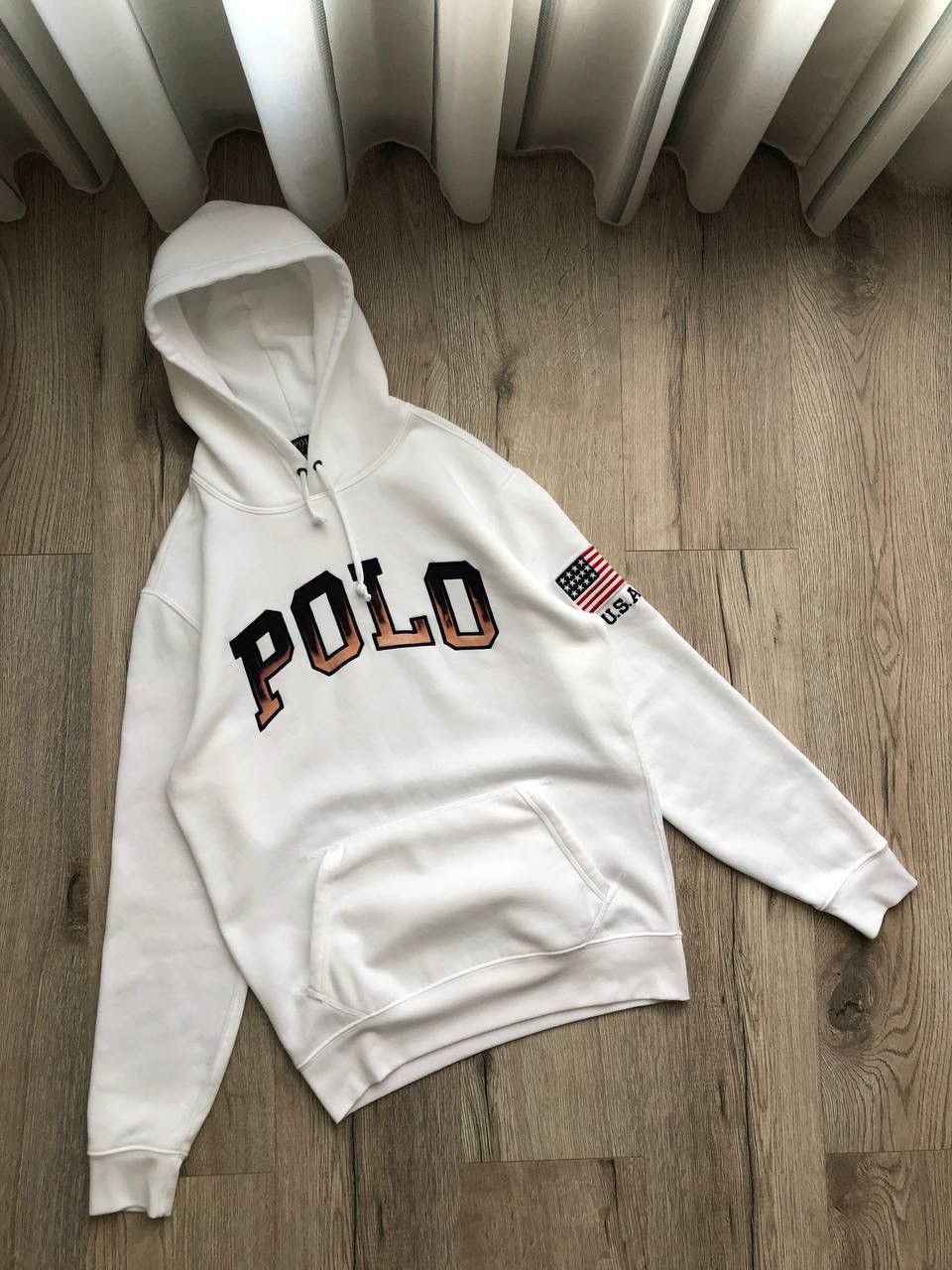 Vintage Polo Ralph Lauren USA Flag Flame Logo White Hoodie