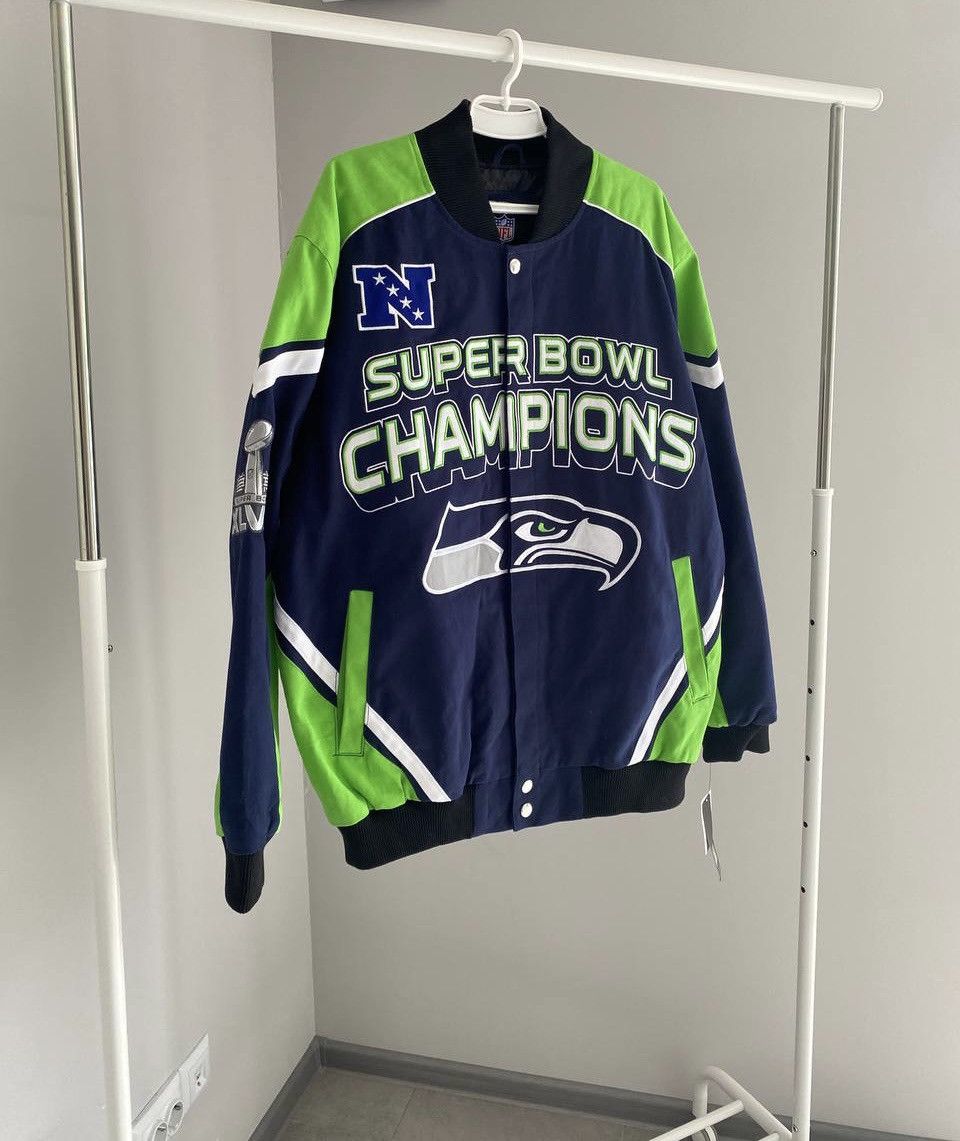 image of Nfl Superbowl Xlviii Champion Seahawks Varsity Bomber Jacket in Green Navy, Men's (Size 2XL)