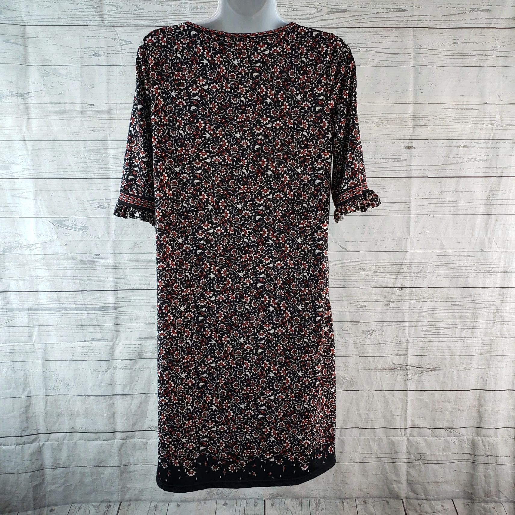 Vintage Max Studio Dress Womens Small Black Floral Bird Half Sleeve Round Neck Pullover Polyester Blend Shift Short Casual Womens Size S / US 4 / IT 40 - 4 Thumbnail