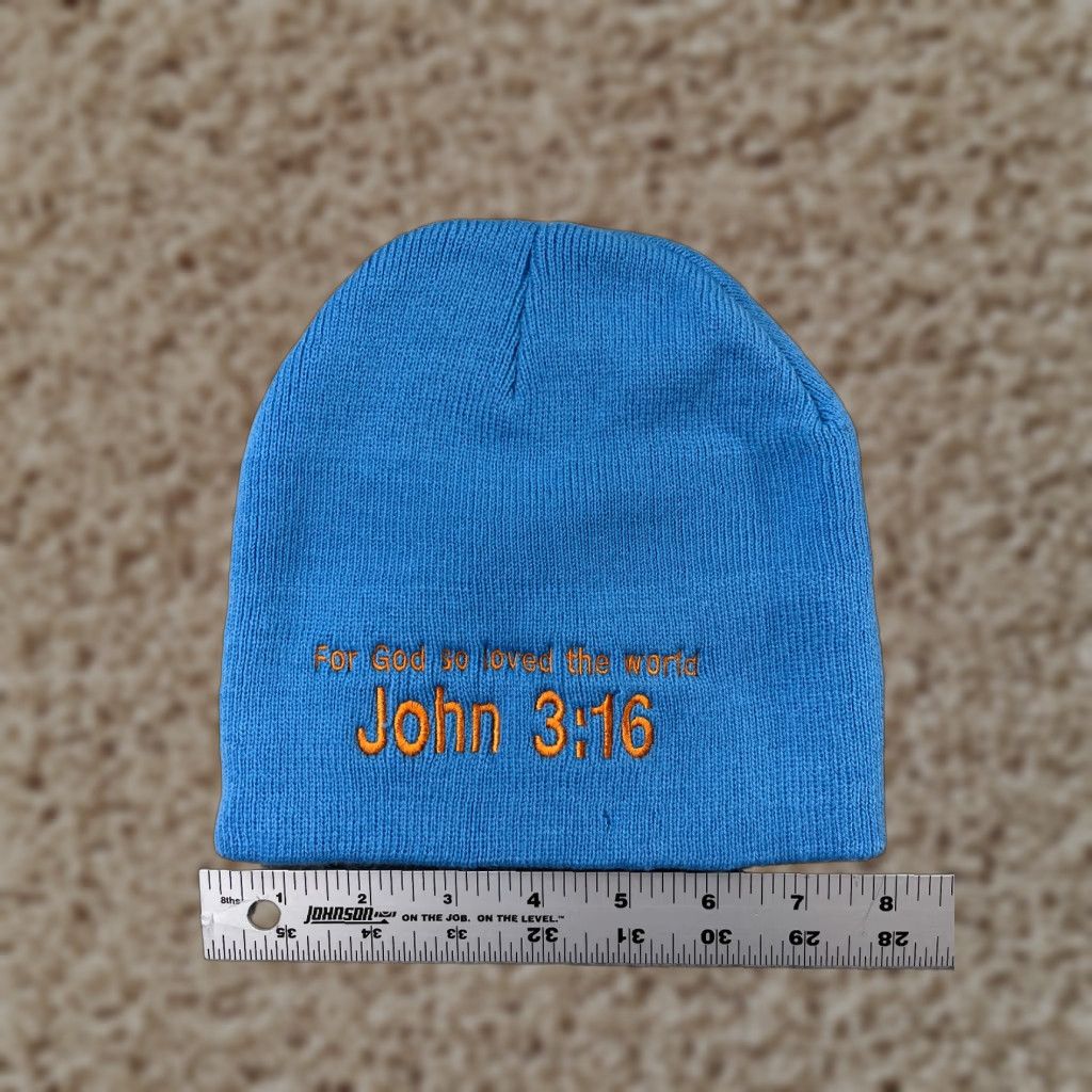 Vintage John 3:16 Beanie Hat Adult One Size Blue Acrylic Knit God So Loved The World Mens Size ONE SIZE - 1 Thumbnail