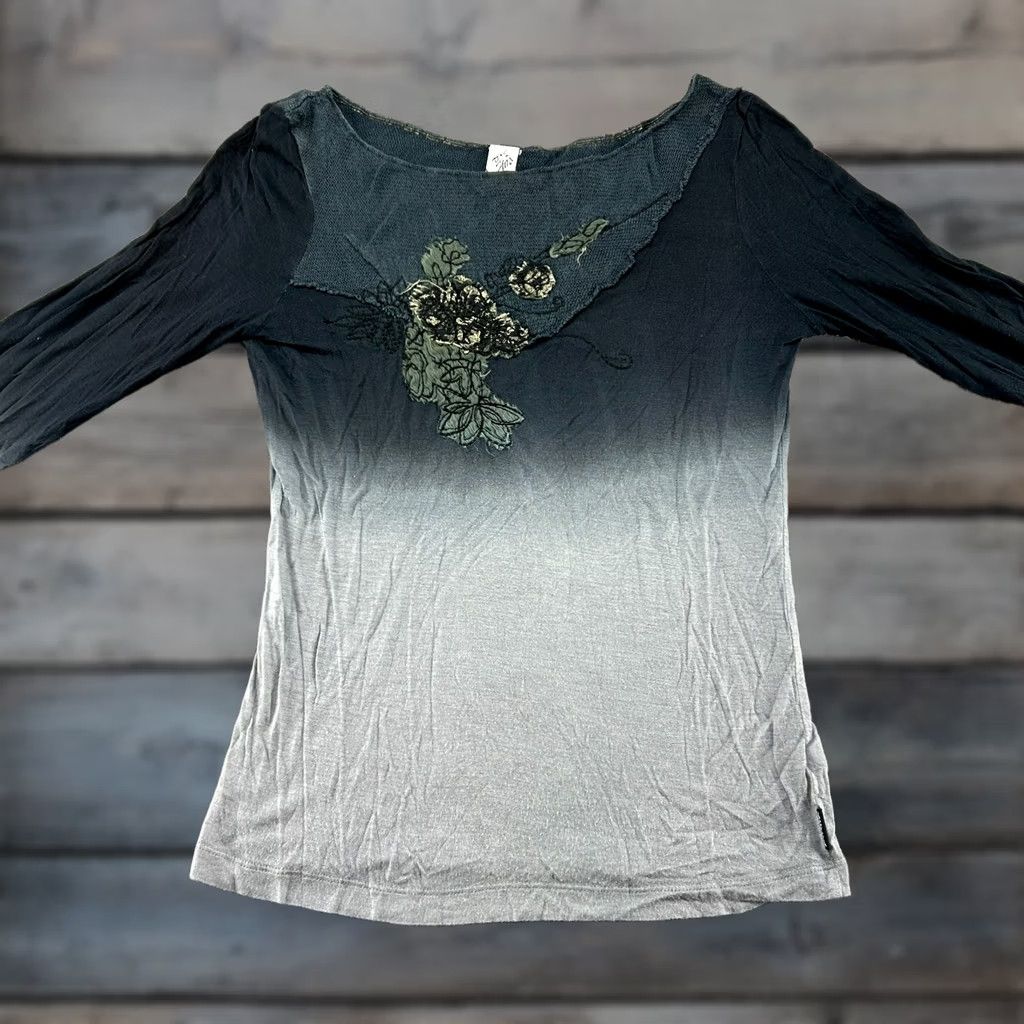 Prana VINTAGE Prana Top Womens M Black Grey Long Sleeve Floral Embroidered Scoop Y2K Size M / US 6-8 / IT 42-44 - 1 Thumbnail