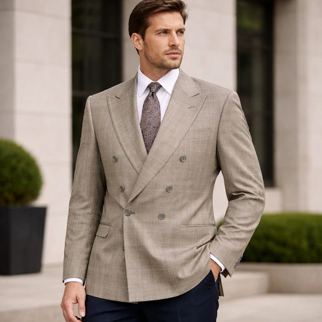 Other Nino Cerruti Double Breasted Blazer Tan Windowpane Wool 42R Size 42R - 1 Thumbnail