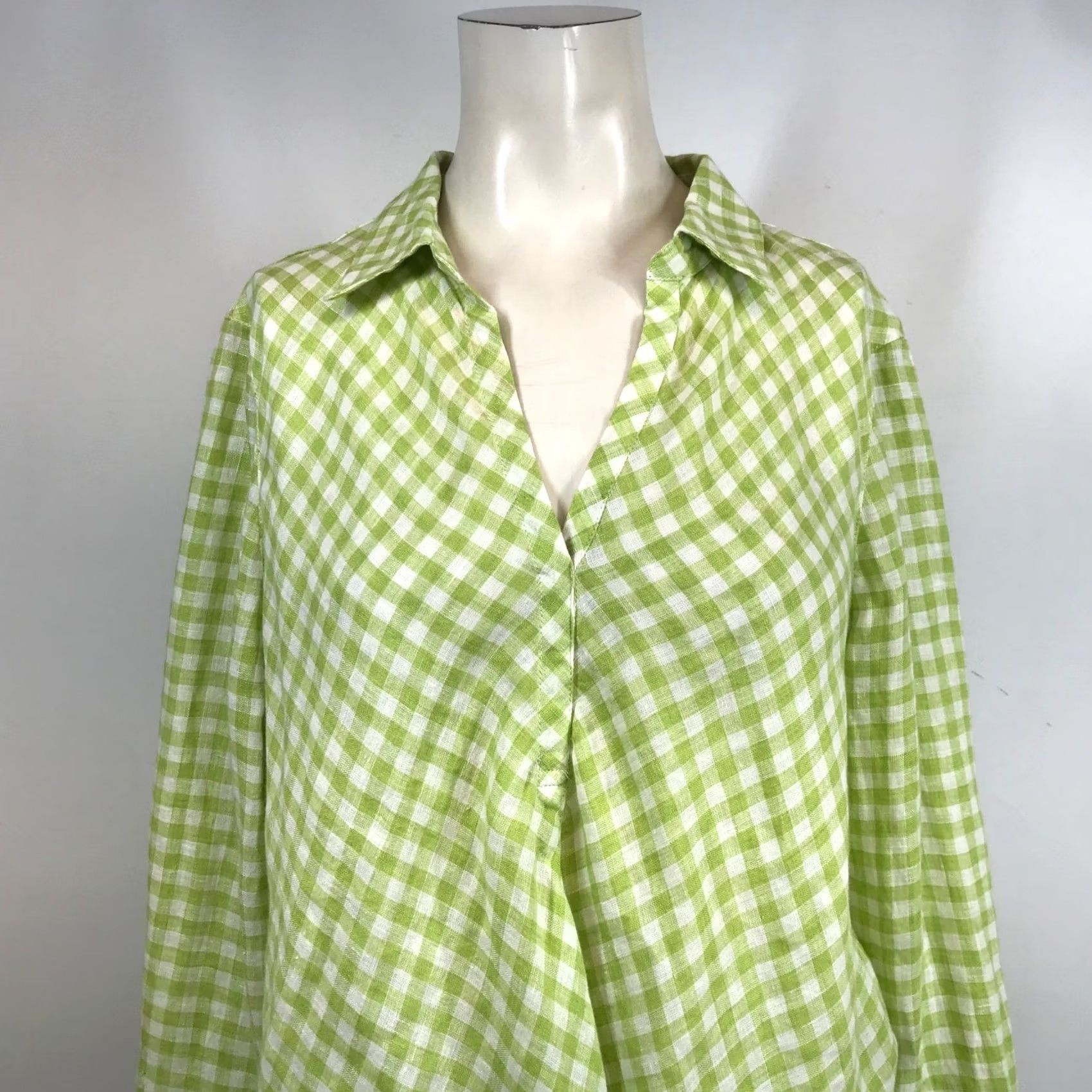 J. Jill J. Jill Love Linen Green Gingham Check 100% Linen Split Neck Tunic Blouse Womens M Size M / US 6-8 / IT 42-44 - 2 Thumbnail