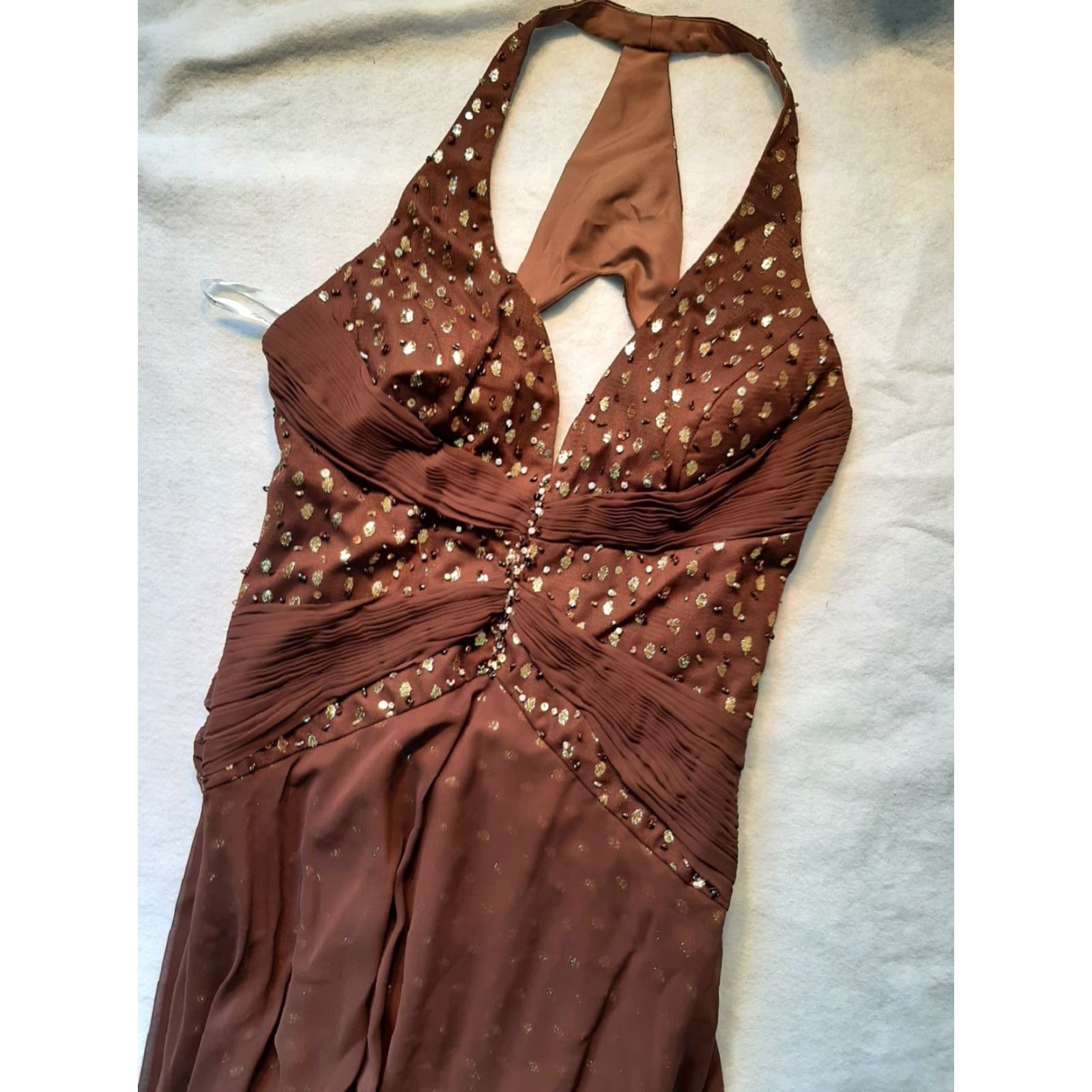 Vintage Tiffany Designs Dress 14 Cafe Brown Gold Dots Sleeveless 63" Long Brown Women's Dress Size ONE SIZE - 2 Thumbnail