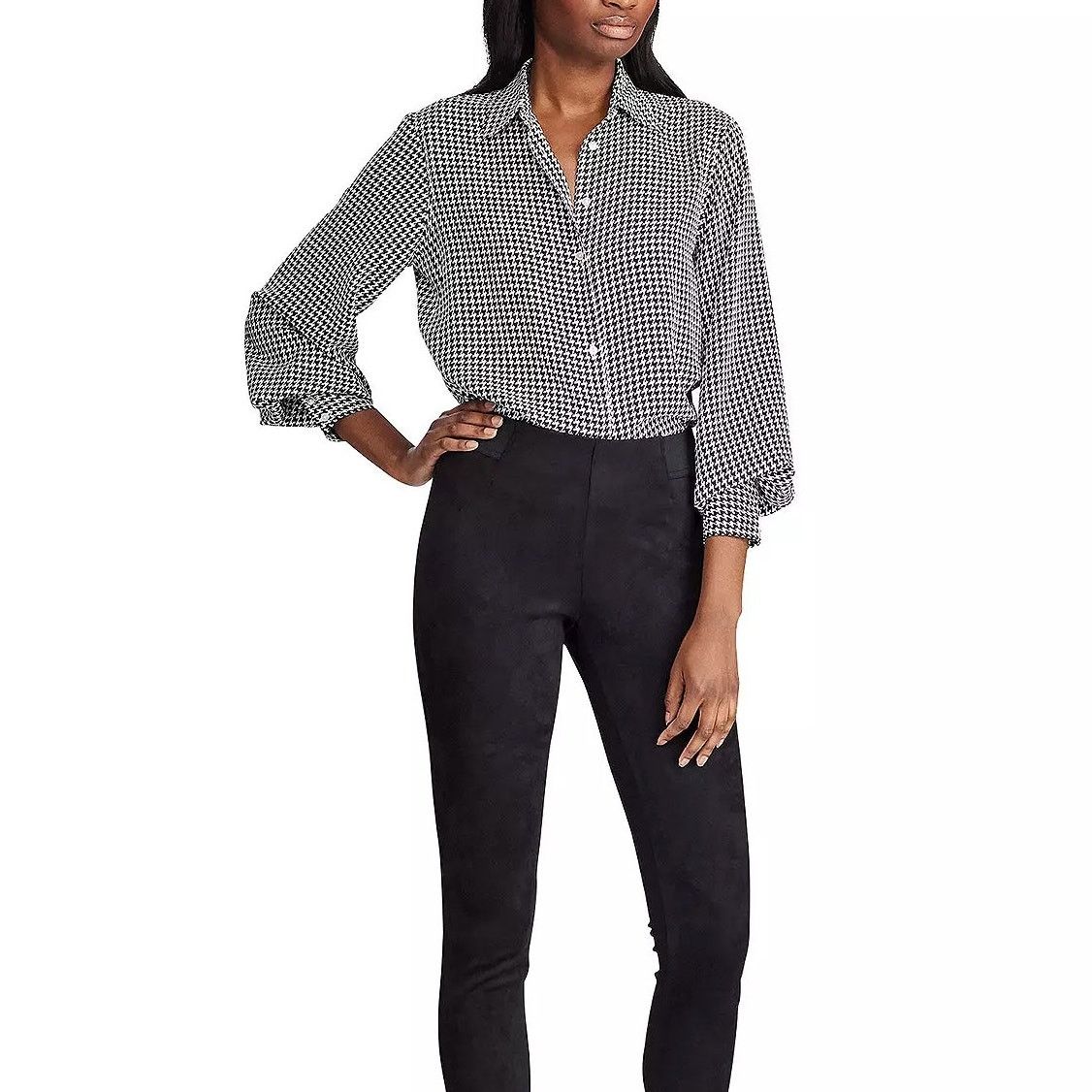 Chaps × Kohl's Chaps Black & White Houndstooth Button Down Blouse Small Size S / US 4 / IT 40 - 2 Thumbnail