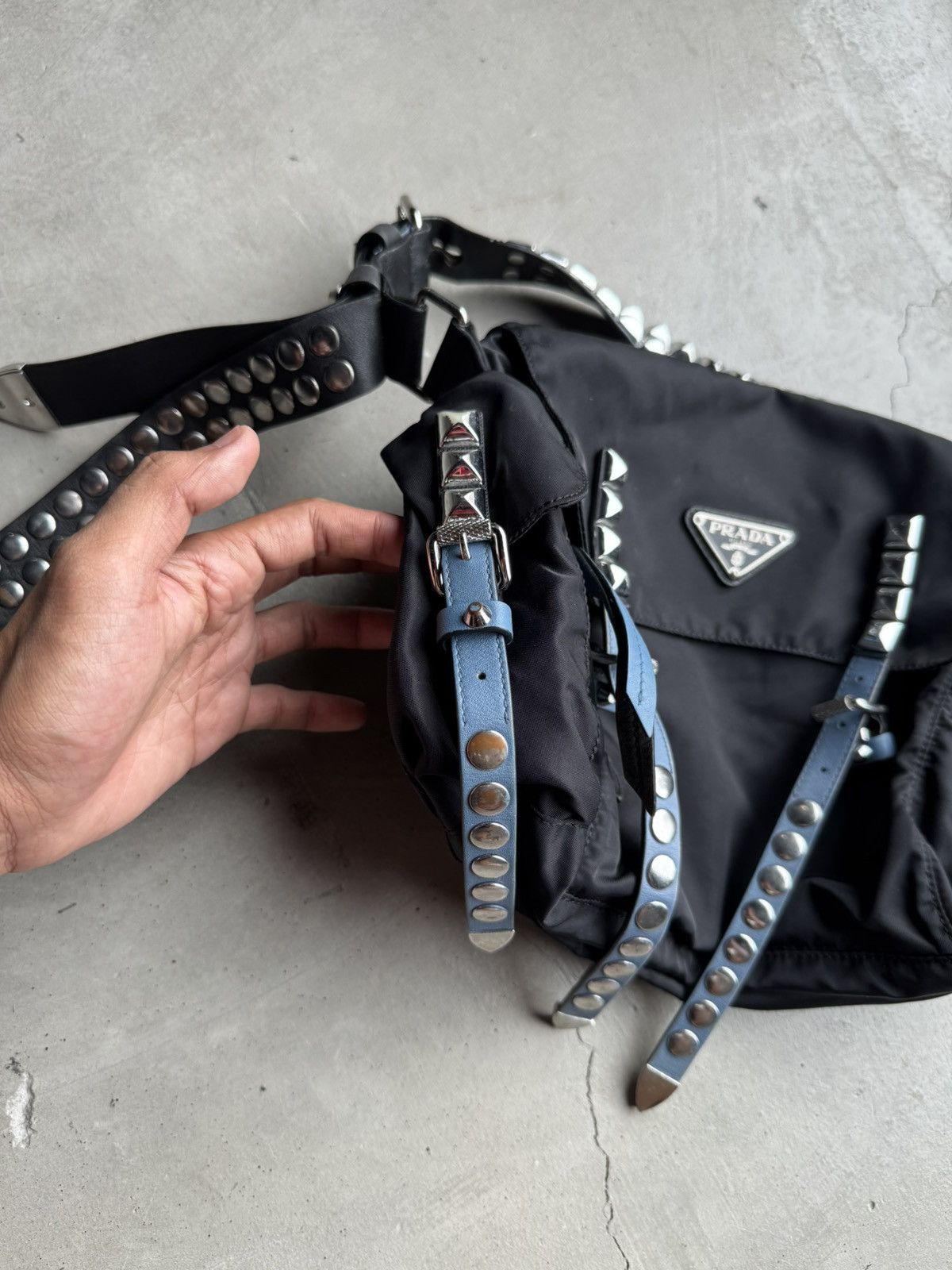 Prada Prada Black/Blue Nylon and Leather New Vela Studded Size ONE SIZE - 10 Thumbnail