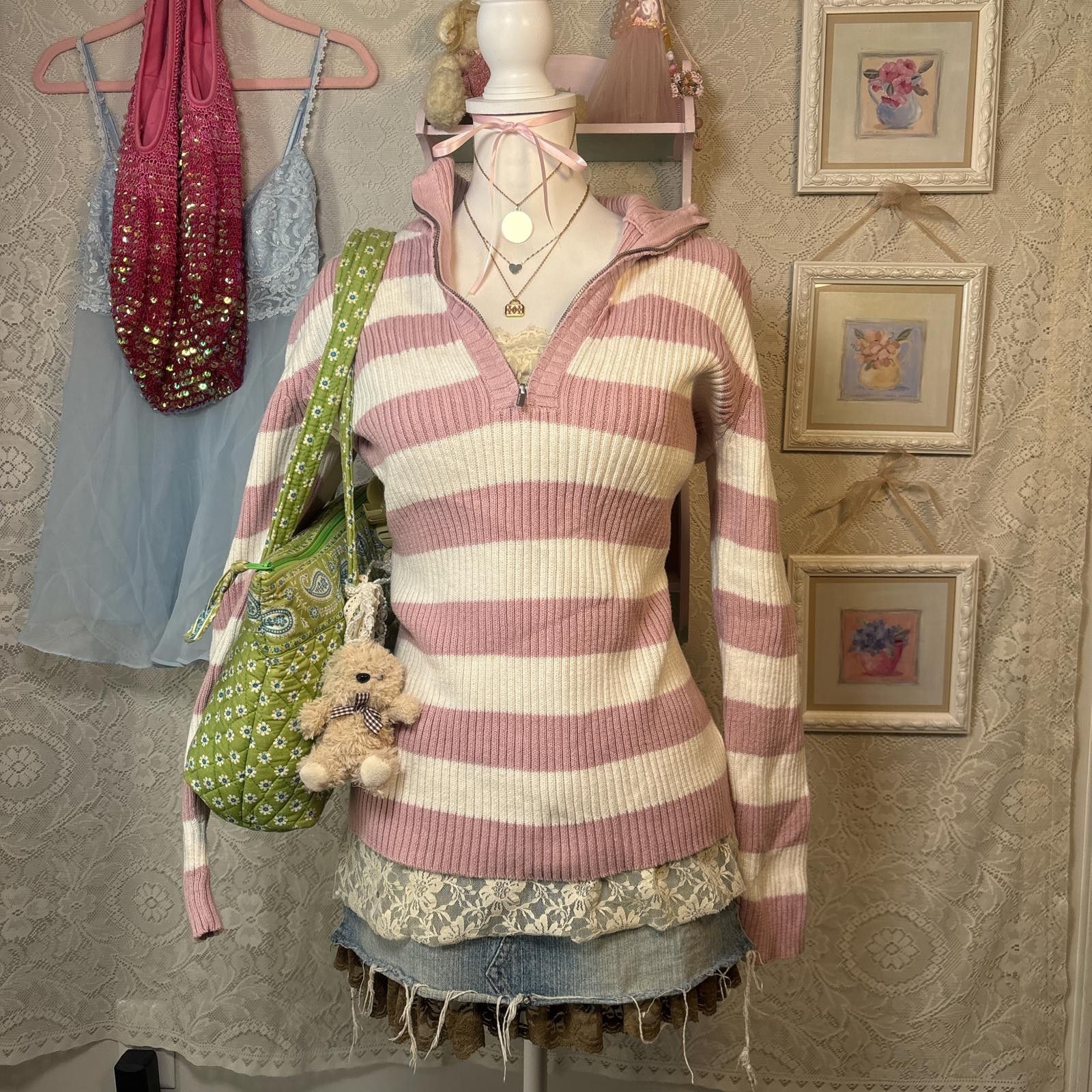 Other vintage pink striped quarter zip sweater Size L / US 10 / IT 46 - 1 Thumbnail