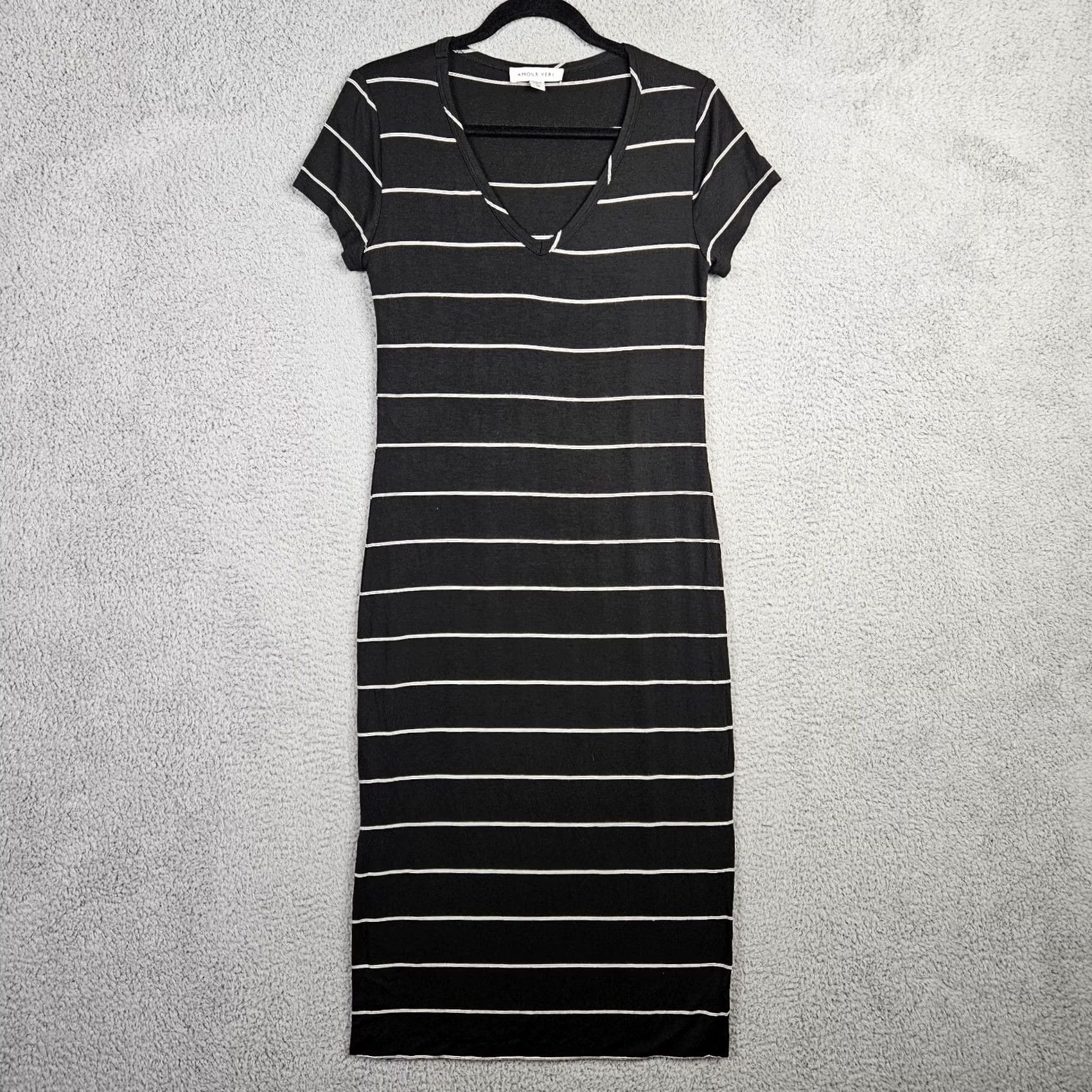 Vintage Amour Vert Dress Women Midi Short Sleeve Stripes V-Neck XS White Black A-Line Pattern Striped Lightweight Stretch Casual 90s? Size 26" / US 2 / IT 38 - 2 Thumbnail