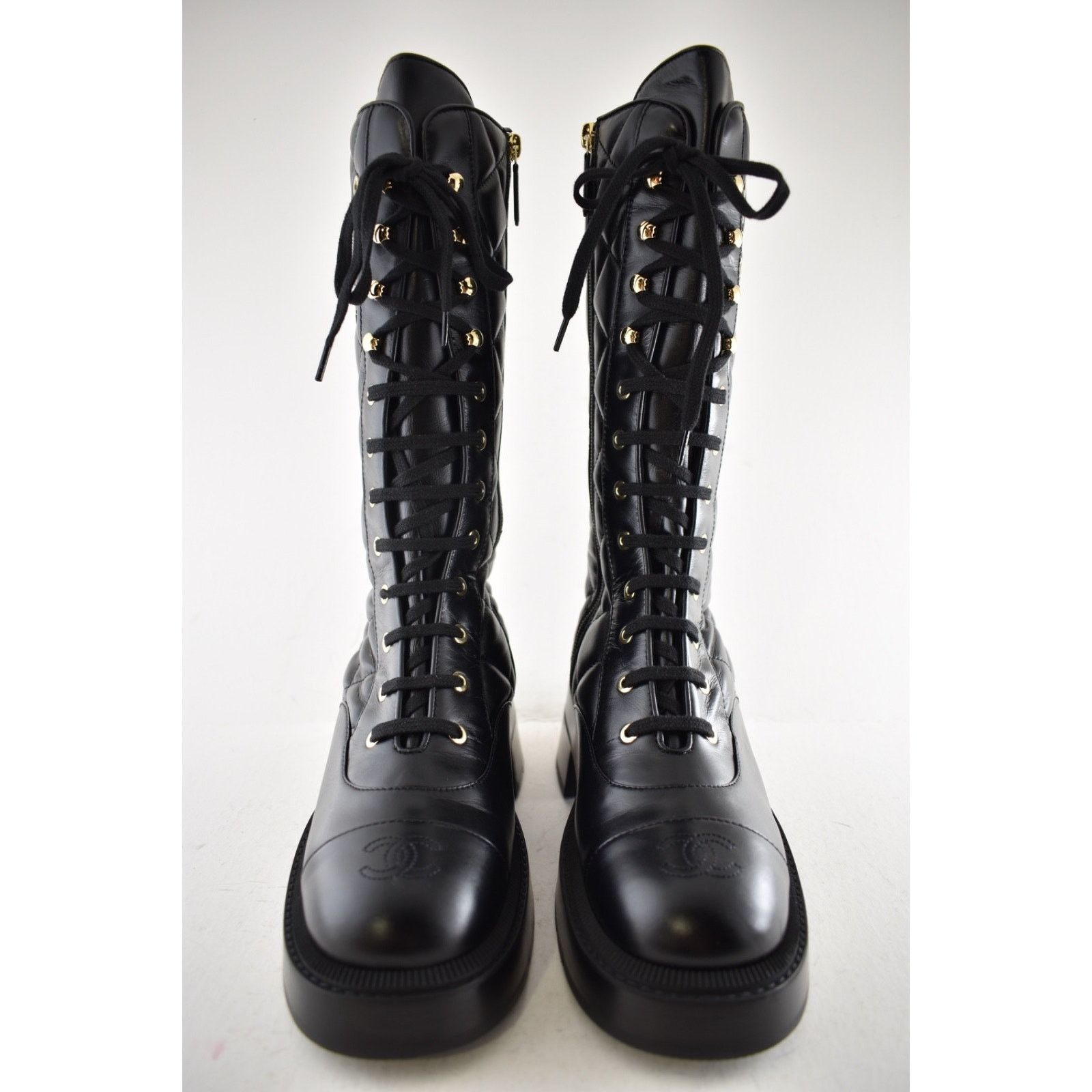 Chanel Chanel Black Quilted Leather Combat Lace Up Tall Boots 38.5 Size US 8.5 / IT 38.5 - 9 Thumbnail