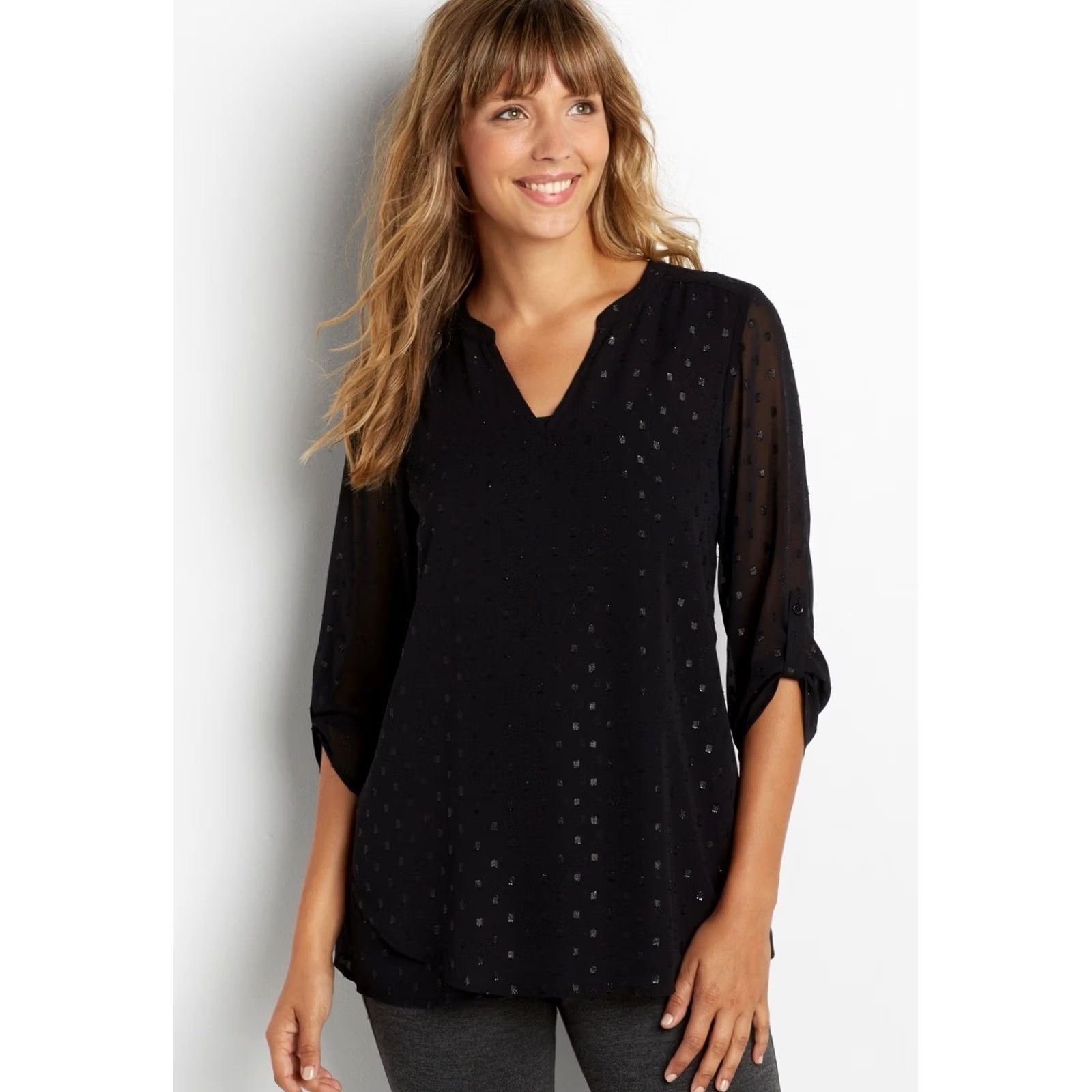 Vintage Maurices Blouse Shirt Georgette Shimmering Dots V-Neck Long Sleeve Top XL Black Women Tunic Regular Georgette Sheer Yokes Back Buttoned Tab Sleeves Size XL / US 12-14 / IT 48-50 - 2 Thumbnail