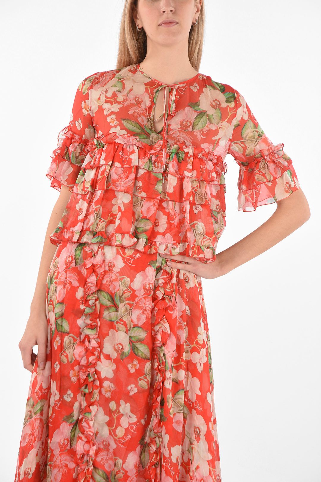 Philipp Plein og1mm0824 Floral Patterned Silk Ruffles Maxi Dress Size M / US 6-8 / IT 42-44 - 4 Thumbnail