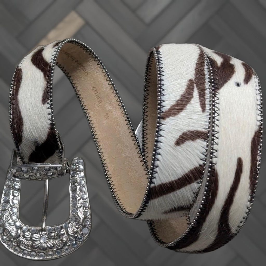 Vintage VINTAGE western belt cowhair leather rhinestone studs 38 brown MENS Western Belt Size 38 - 1 Thumbnail