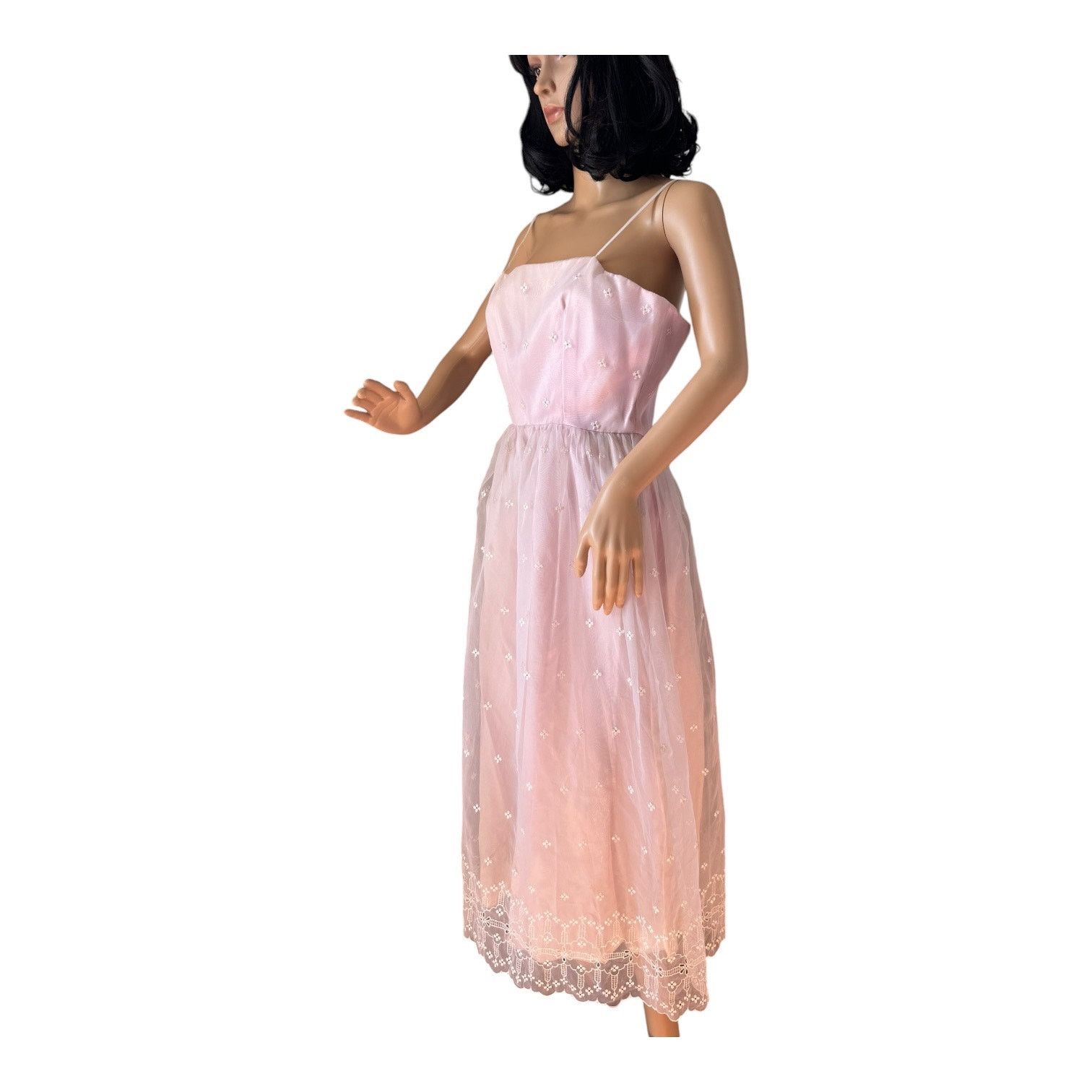 Vintage American vtg pink white sheer eyelet bridesmaid prom dress Size S / US 4 / IT 40 - 2 Thumbnail