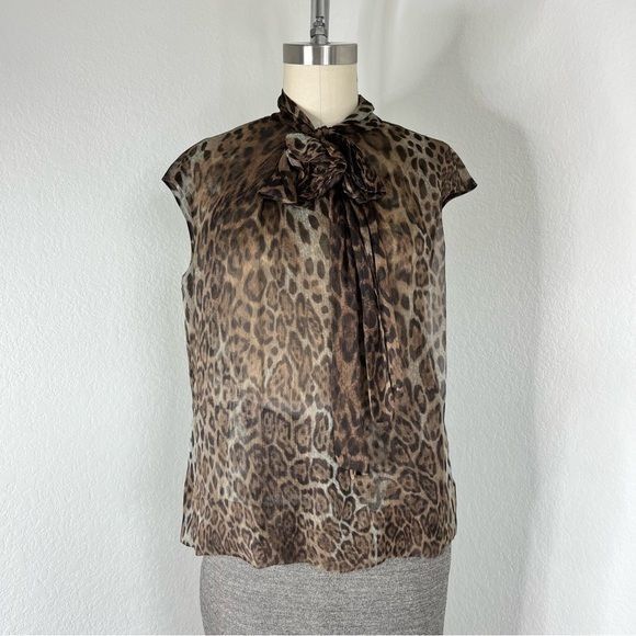 Vintage Tuleh Leopard Sheer Tie Blouse Sample SS 15 Size M / US 6-8 / IT 42-44 - 2 Thumbnail