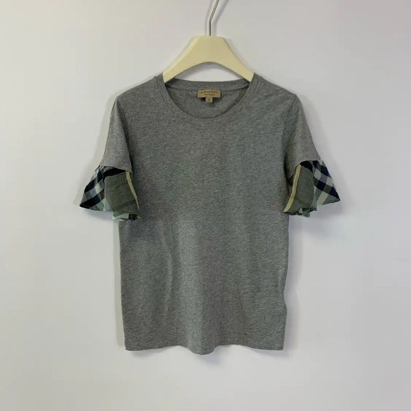 Burberry Burberry Gray Women's T-Shirt with Checked Sleeves Size XS / US 0-2 / IT 36-38 - 1 Thumbnail