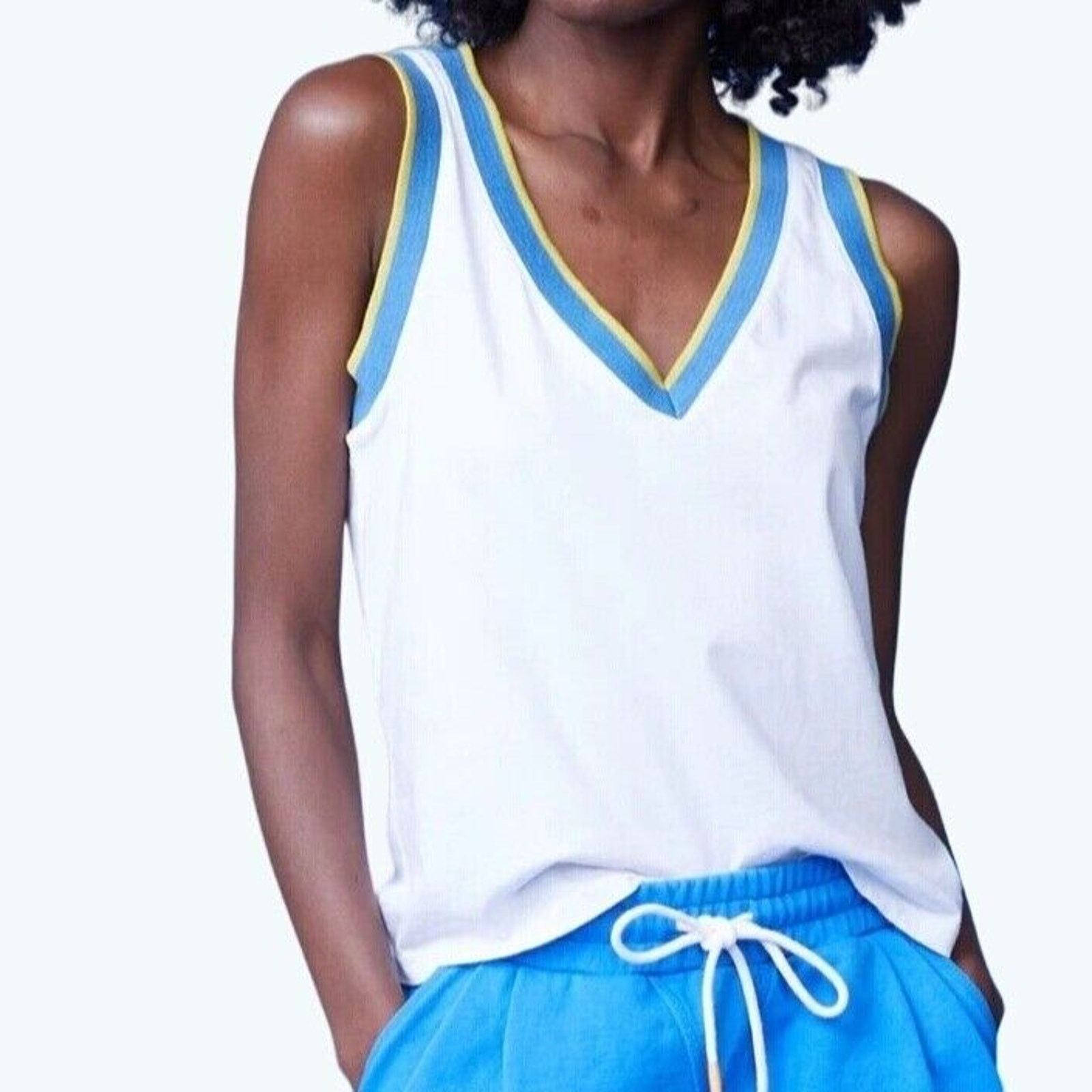 MONROW Monrow Tennis Tank White w/ Blue-Yellow Trim New XL Size XL / US 12-14 / IT 48-50 - 1 Thumbnail