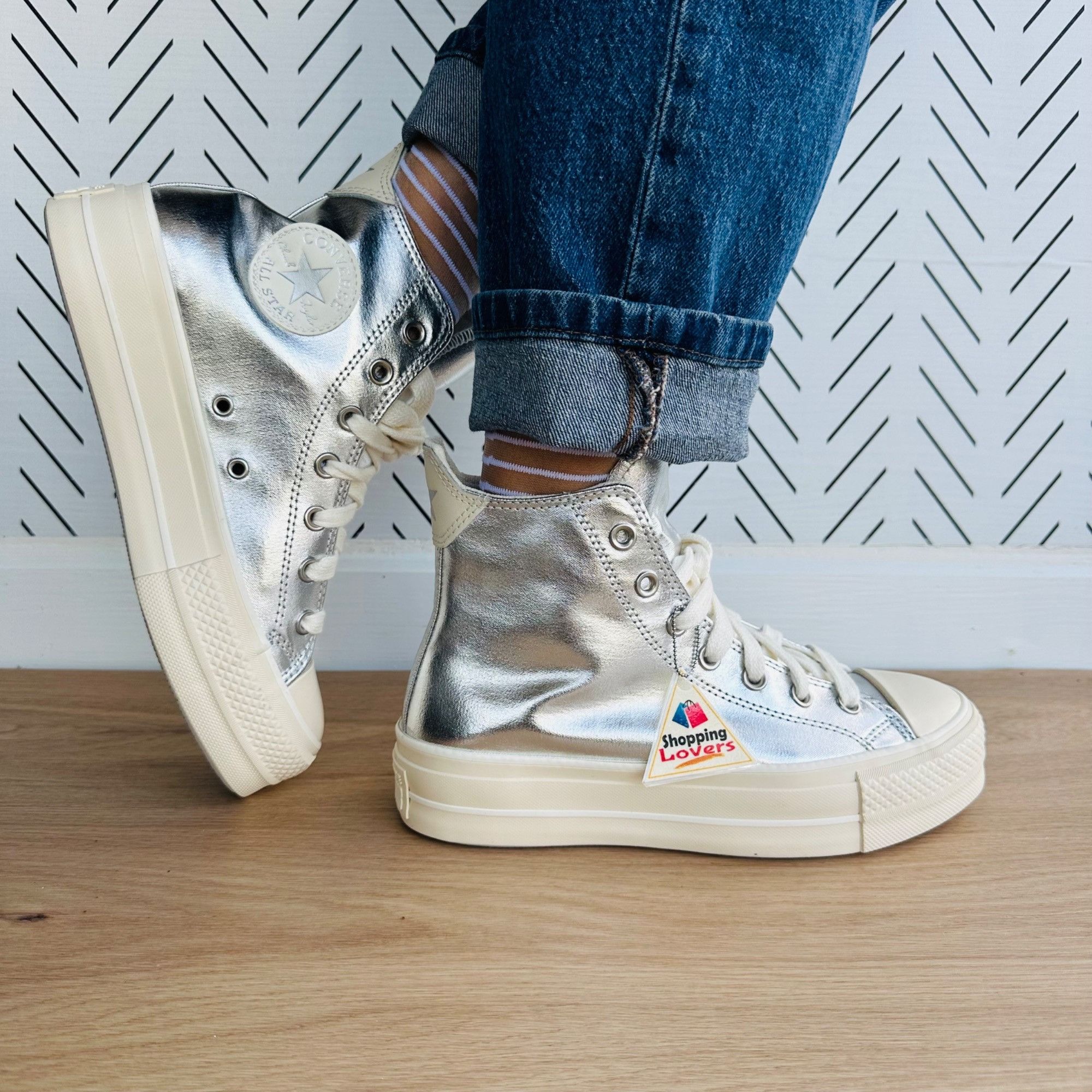 ⭐CONVERSE All Star Lift Hi Women Shoes Metallic Silver S