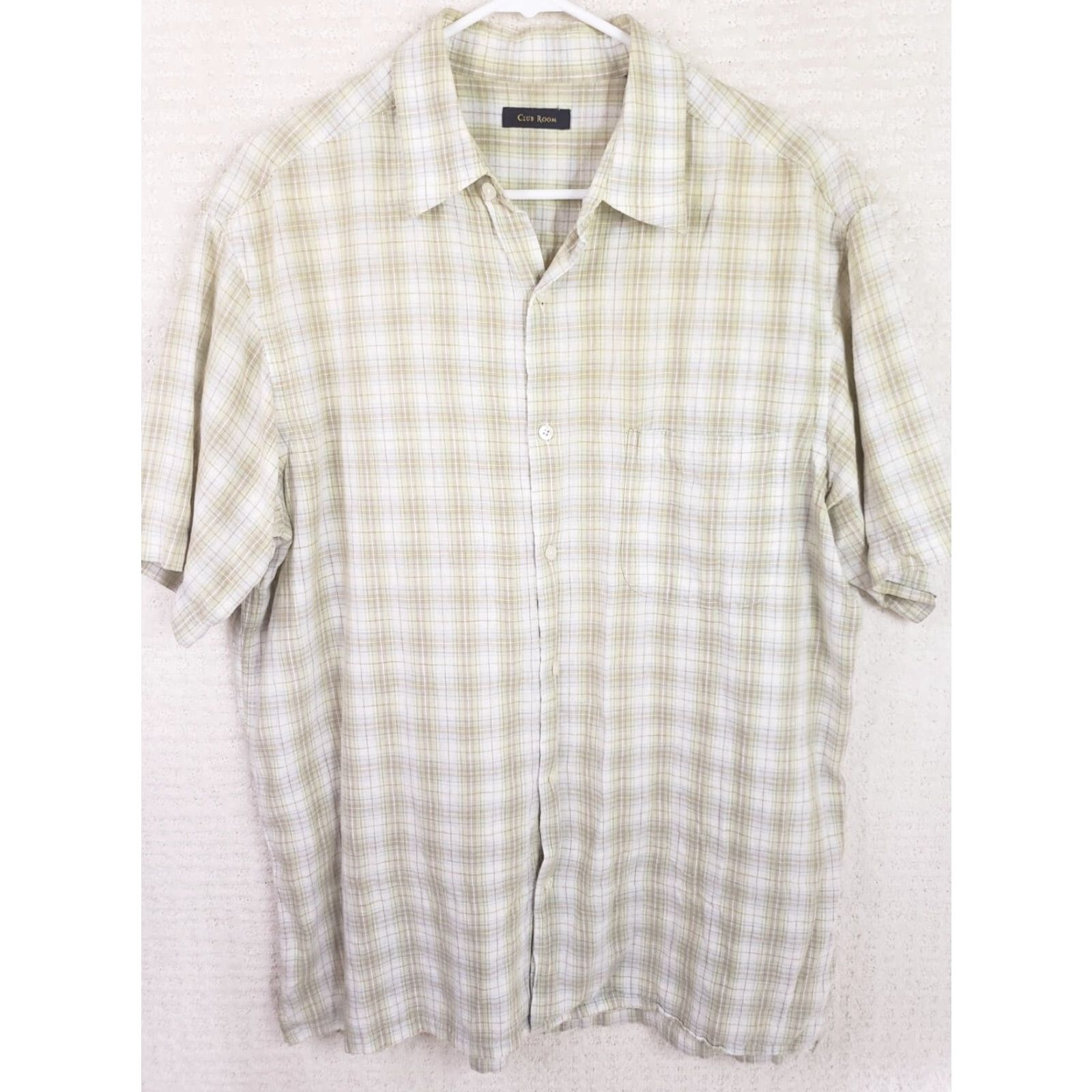 Club Room Club Room Shirt Mens L Green Beige White Short Sleeve Button Front Linen Blend Plaid Pocketed Casual Classic 90s Size US L / EU 52-54 / 3 - 2 Thumbnail